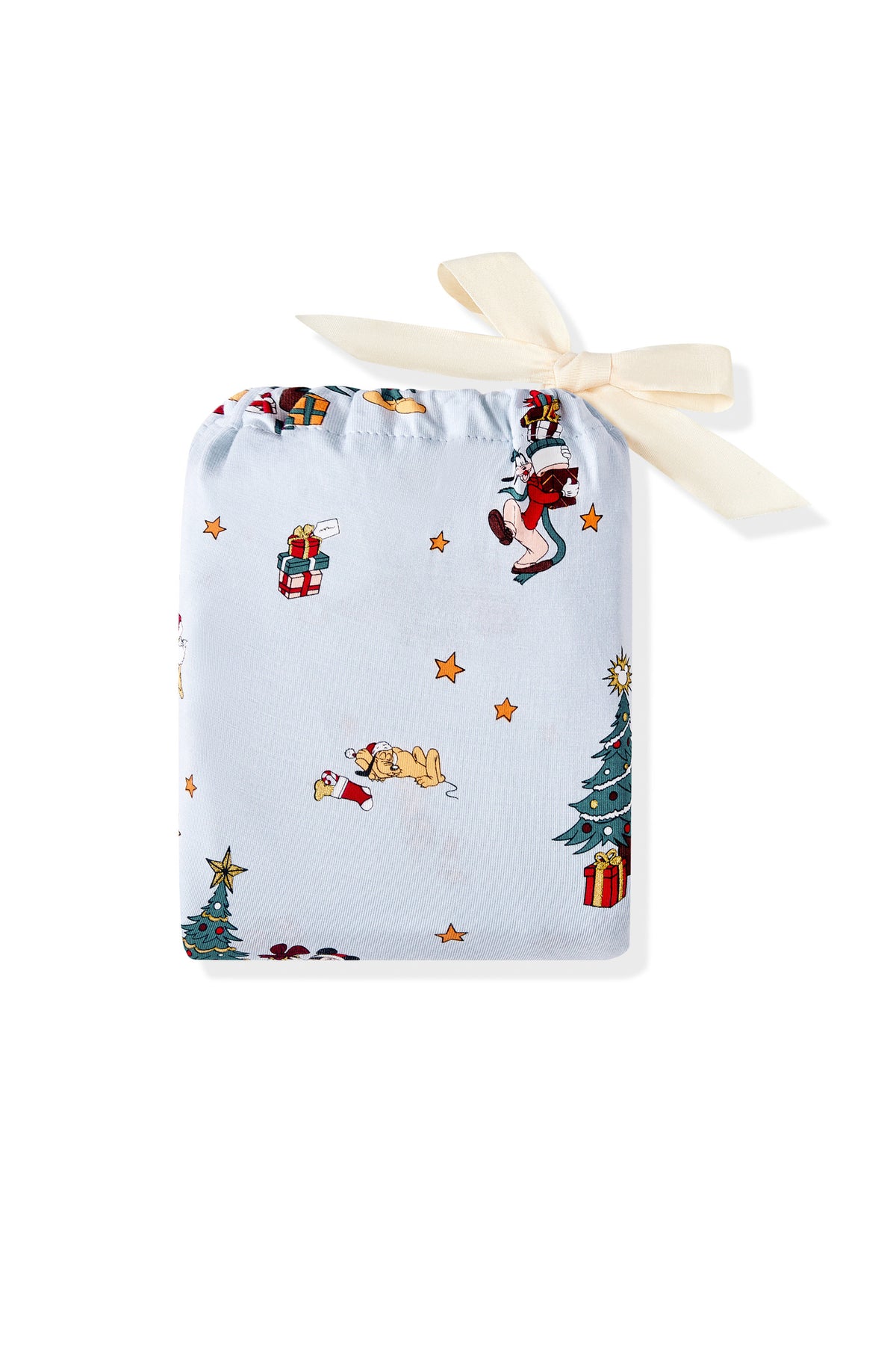 Crib Sheet packed in a bag with Mickey & Friends Christmas print on a white background