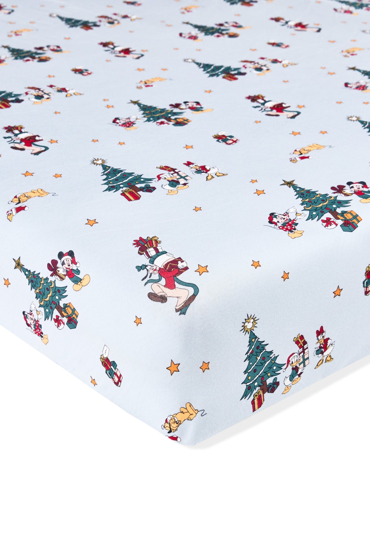 Crib Sheet in Mickey & Friends Christmas print on a white background