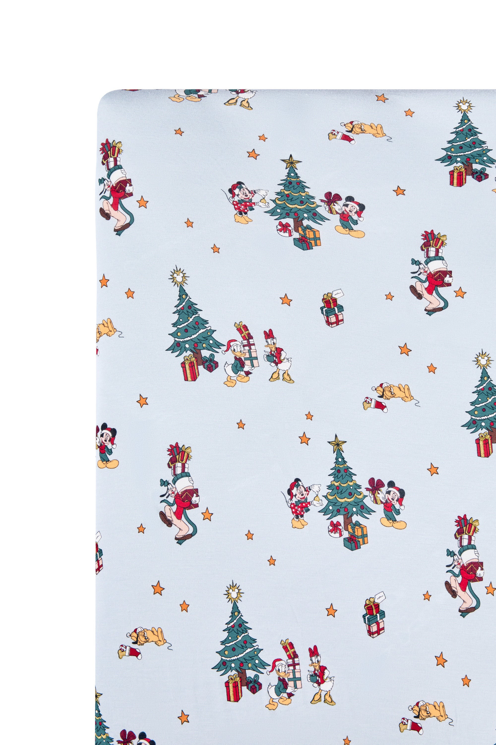 close up of Crib Sheet in Mickey & Friends Christmas print on a white background