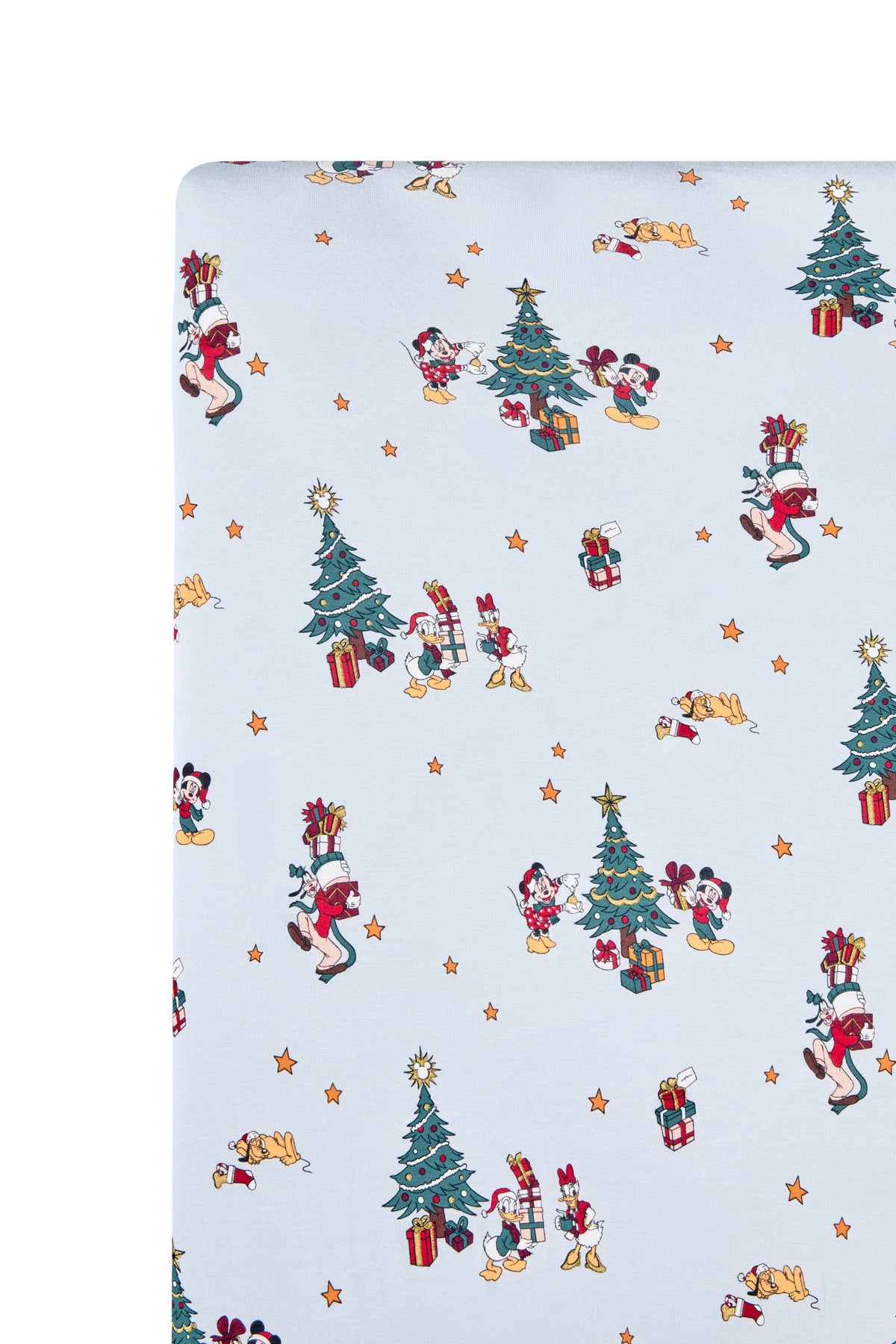 close up of Crib Sheet in Mickey & Friends Christmas print on a white background