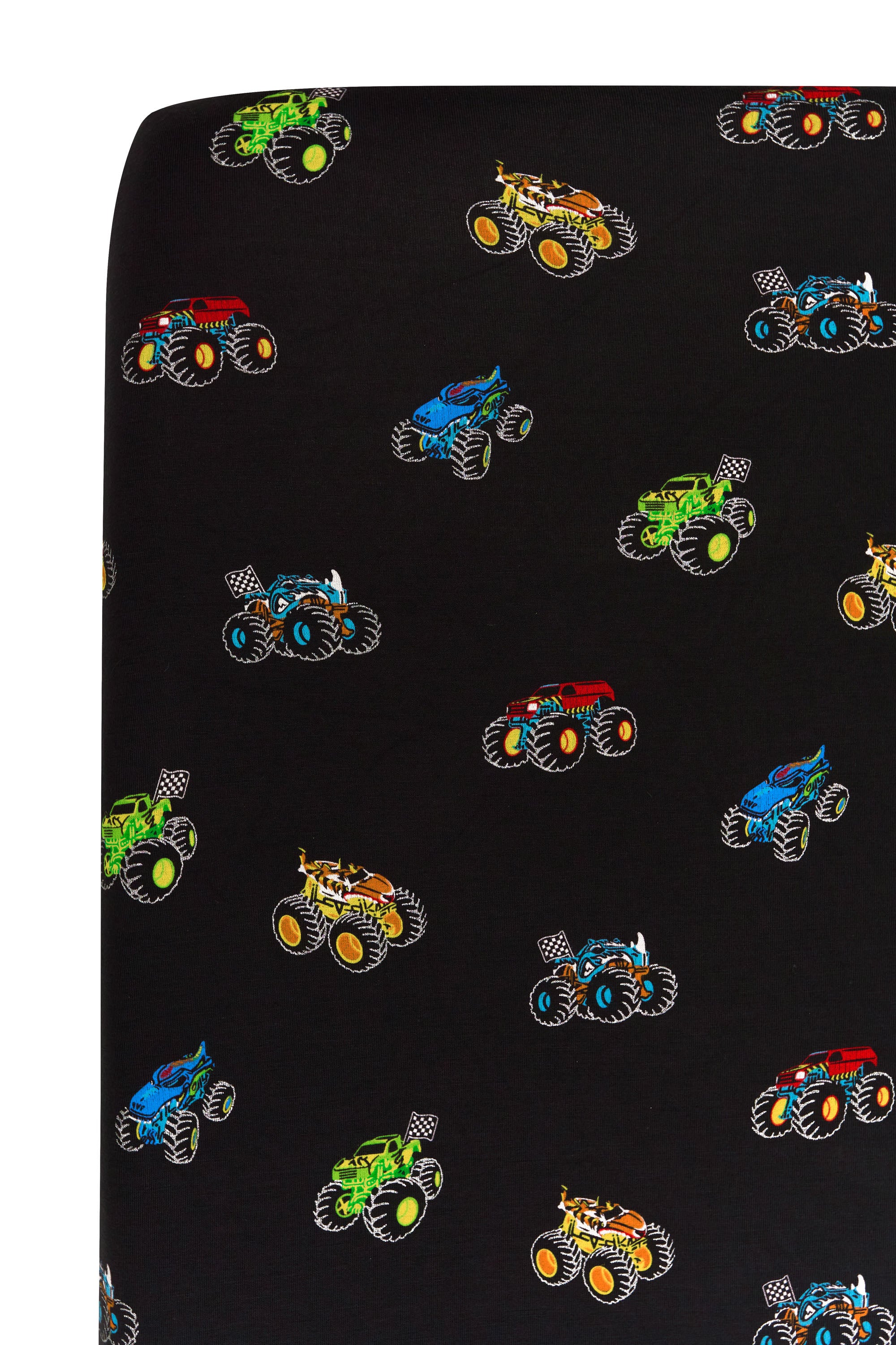 Close up of Crib Sheet with colorful Monster Truck print on white background