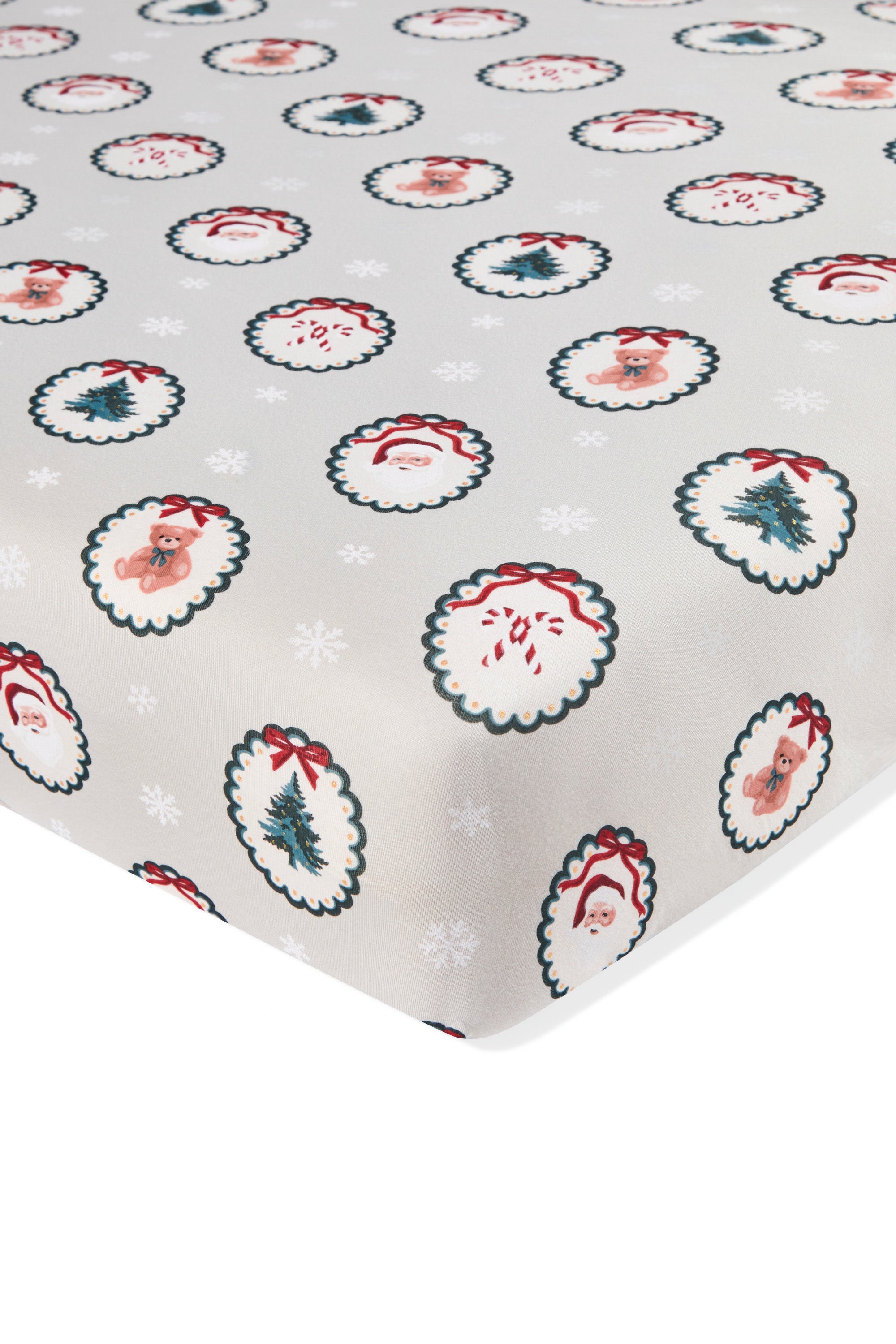 Crib Sheet in Holiday Medallion print on white background