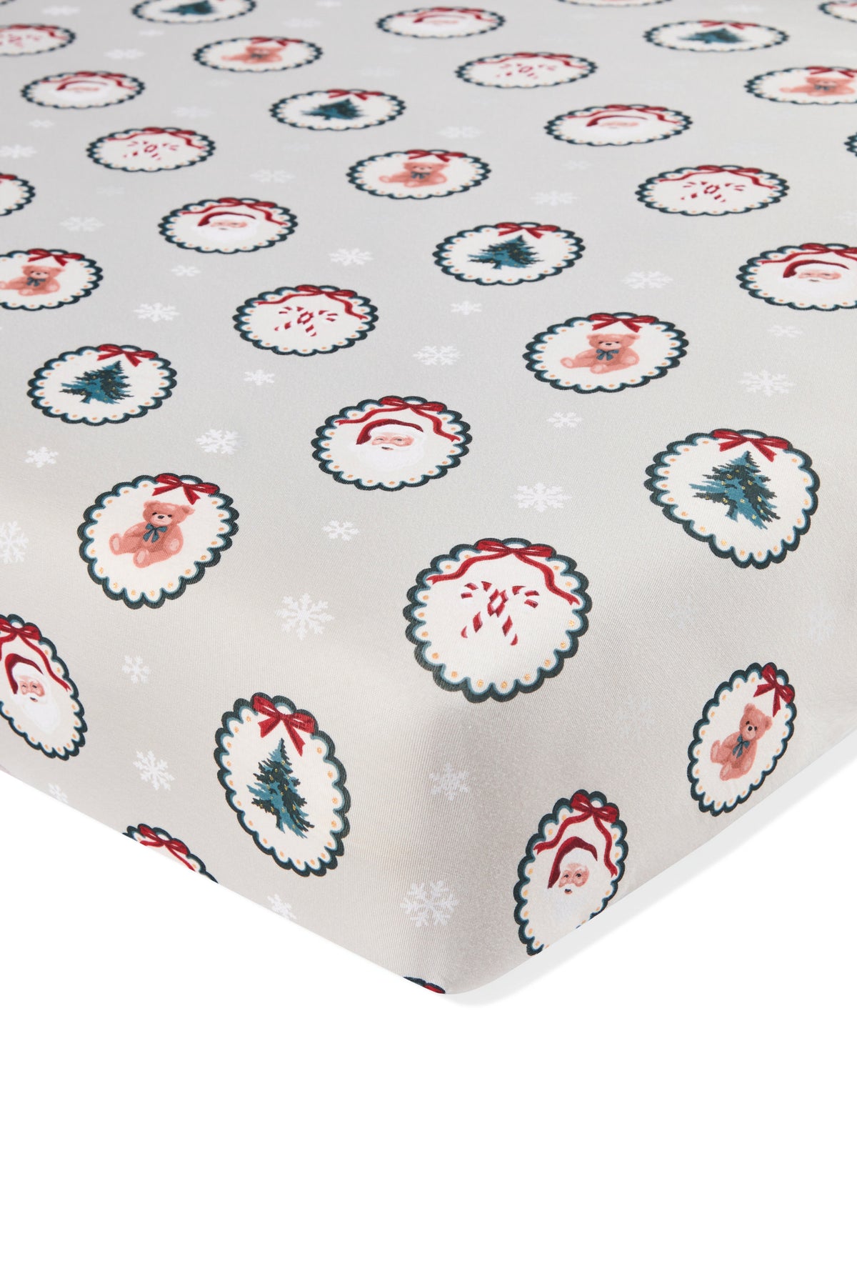 Crib Sheet in Holiday Medallion print on white background