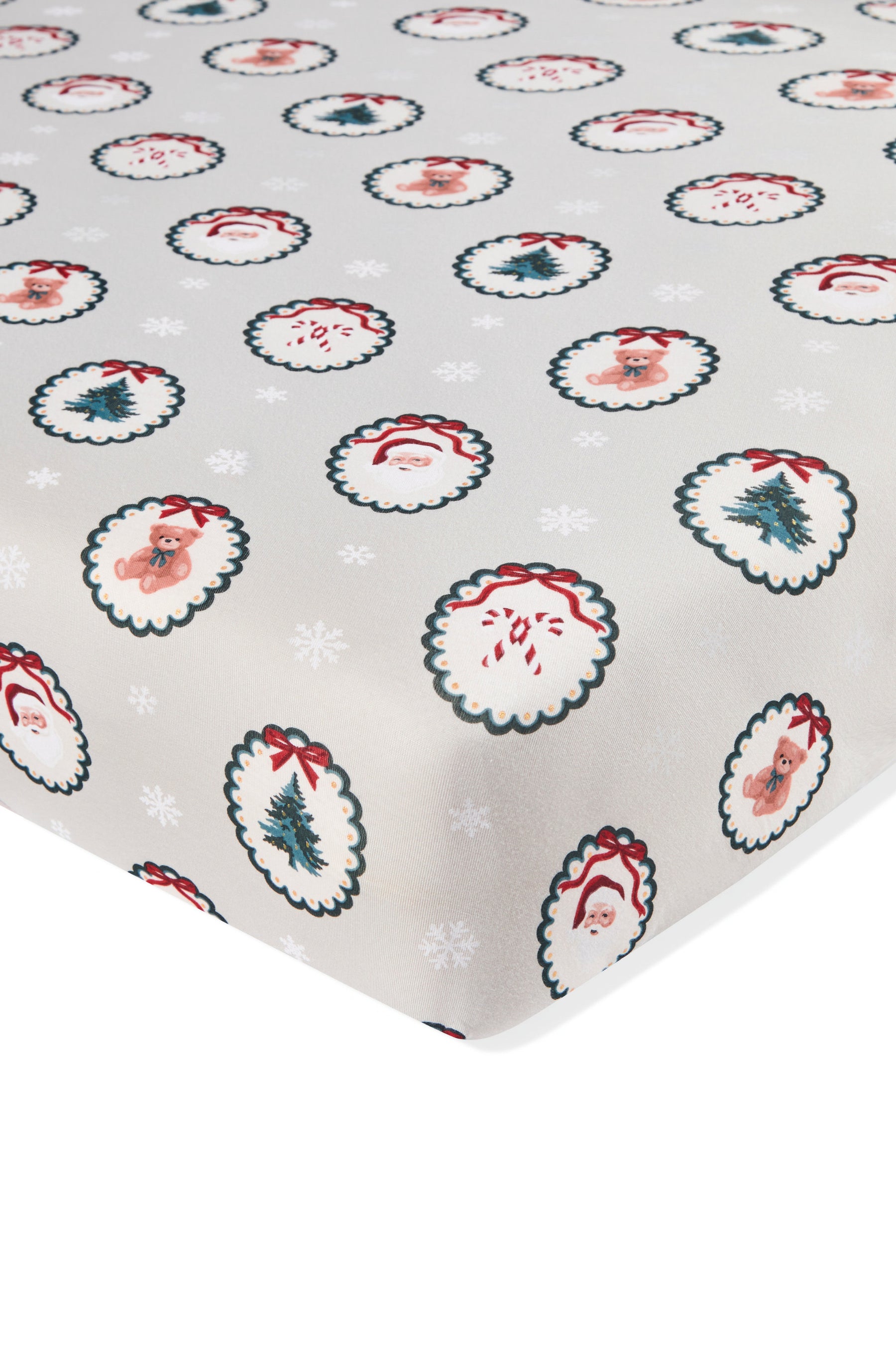 Crib Sheet in Holiday Medallion print on white background