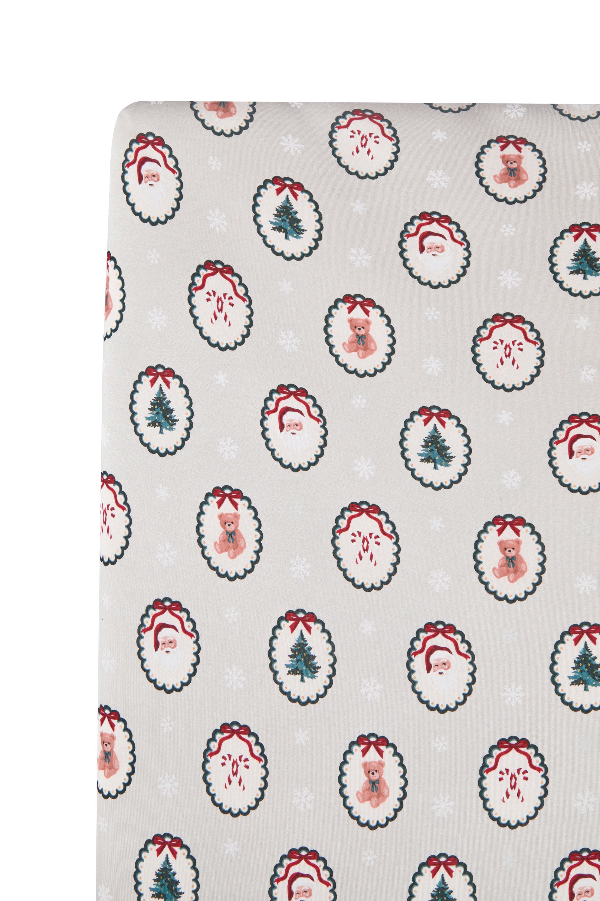 Crib Sheet in Holiday Medallion print on white background