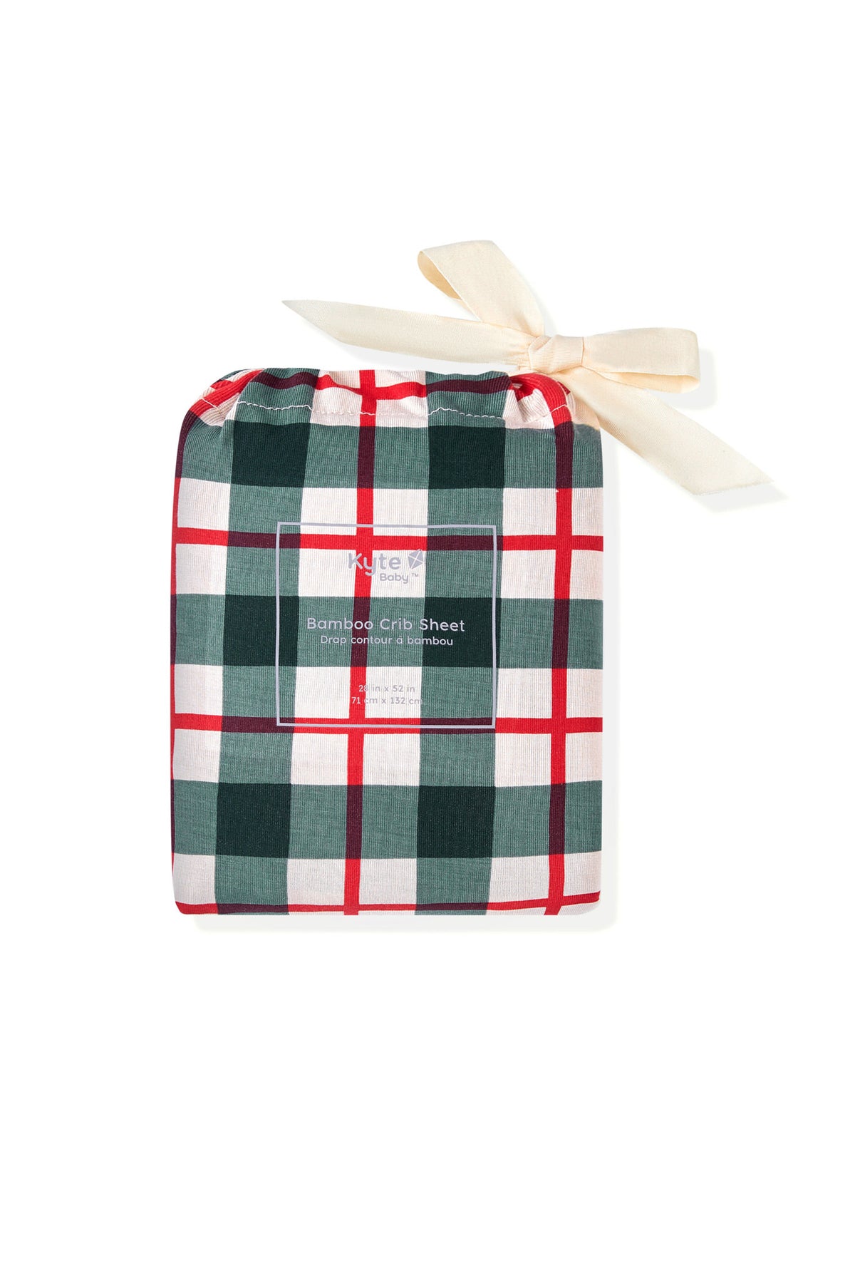 A folded bamboo grip sheet with a green, red, and white plaid pattern, tied with a cream ribbon and featuring a clear product label, on a solid white background.