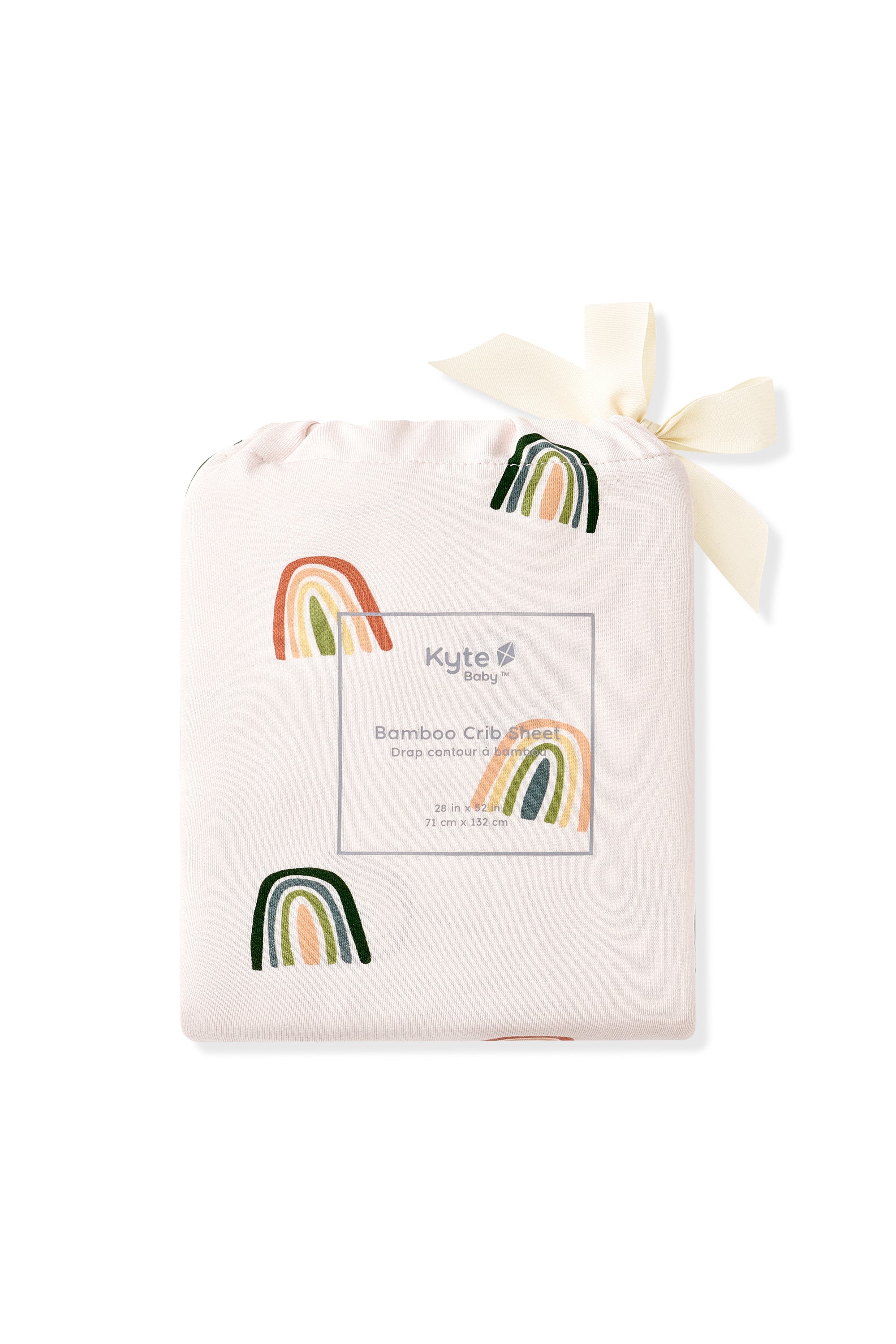 Crib Sheet packed in Vanilla cream Bag with Retro Rainbow print on a white background