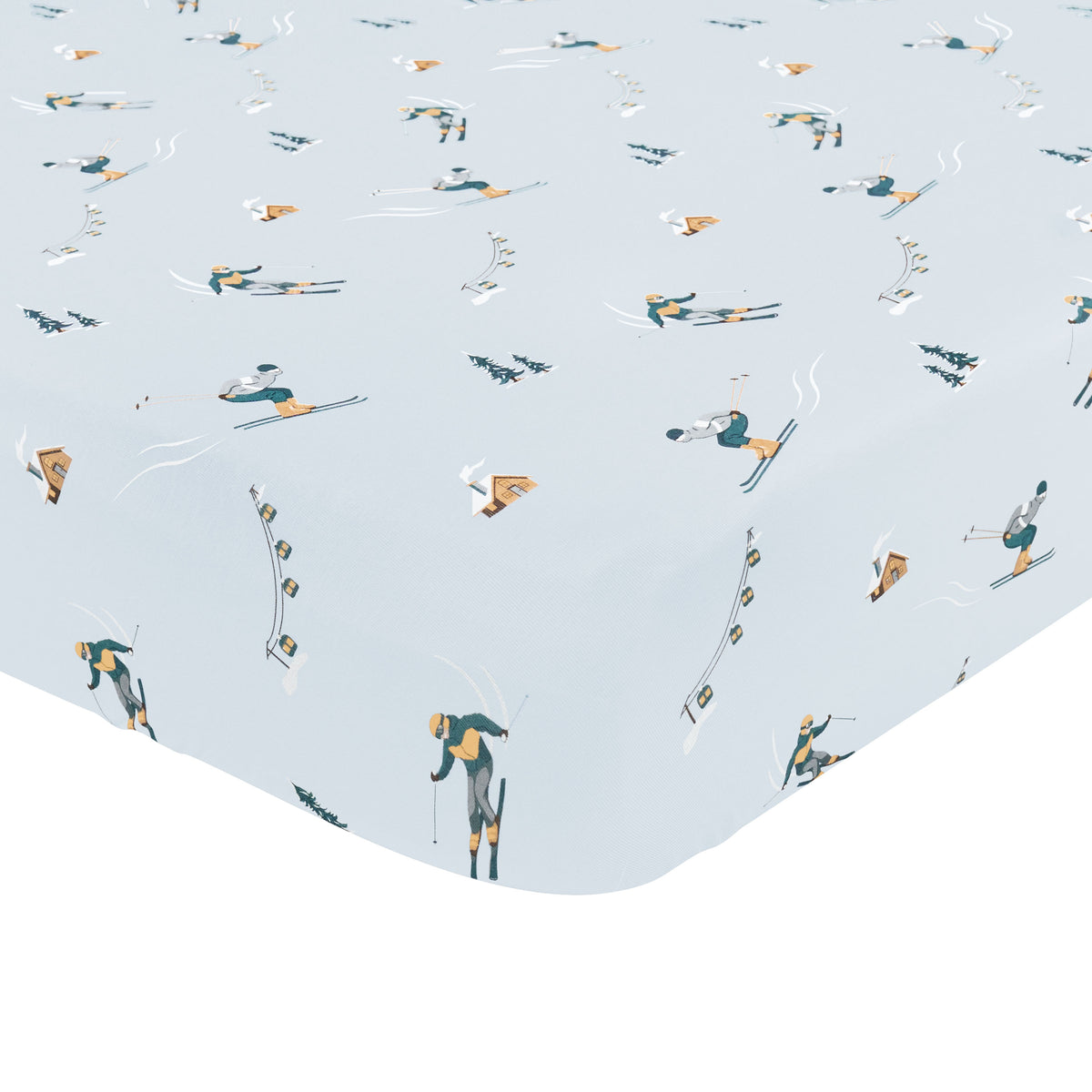Close up of corner of the Crib Sheet in Ski shown on a mattress