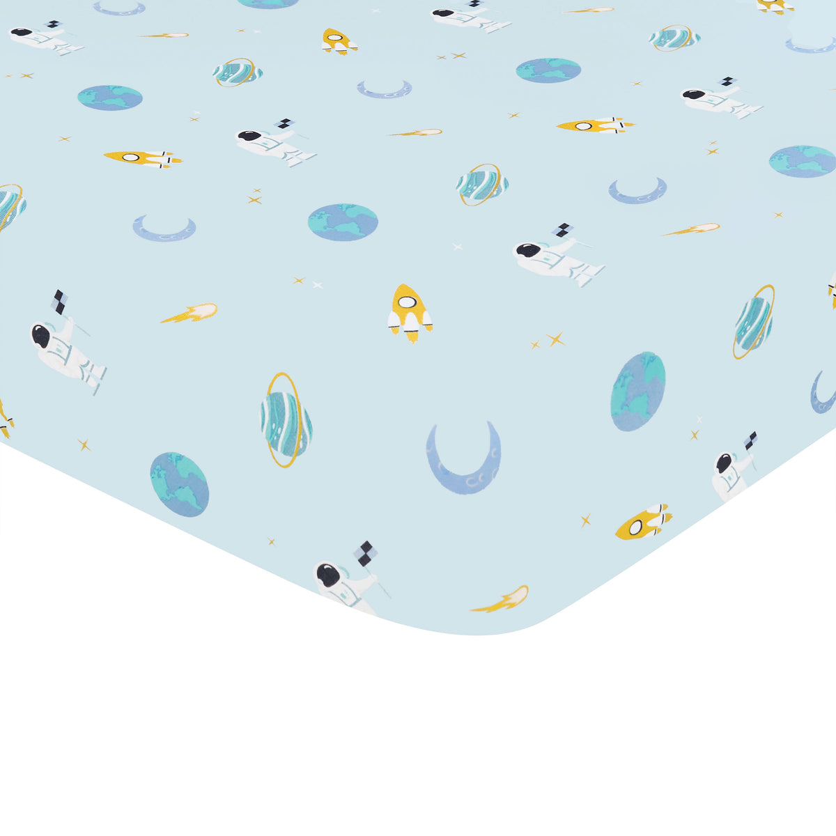 image showing the corner of a crib mattress with ice space crib sheet on it