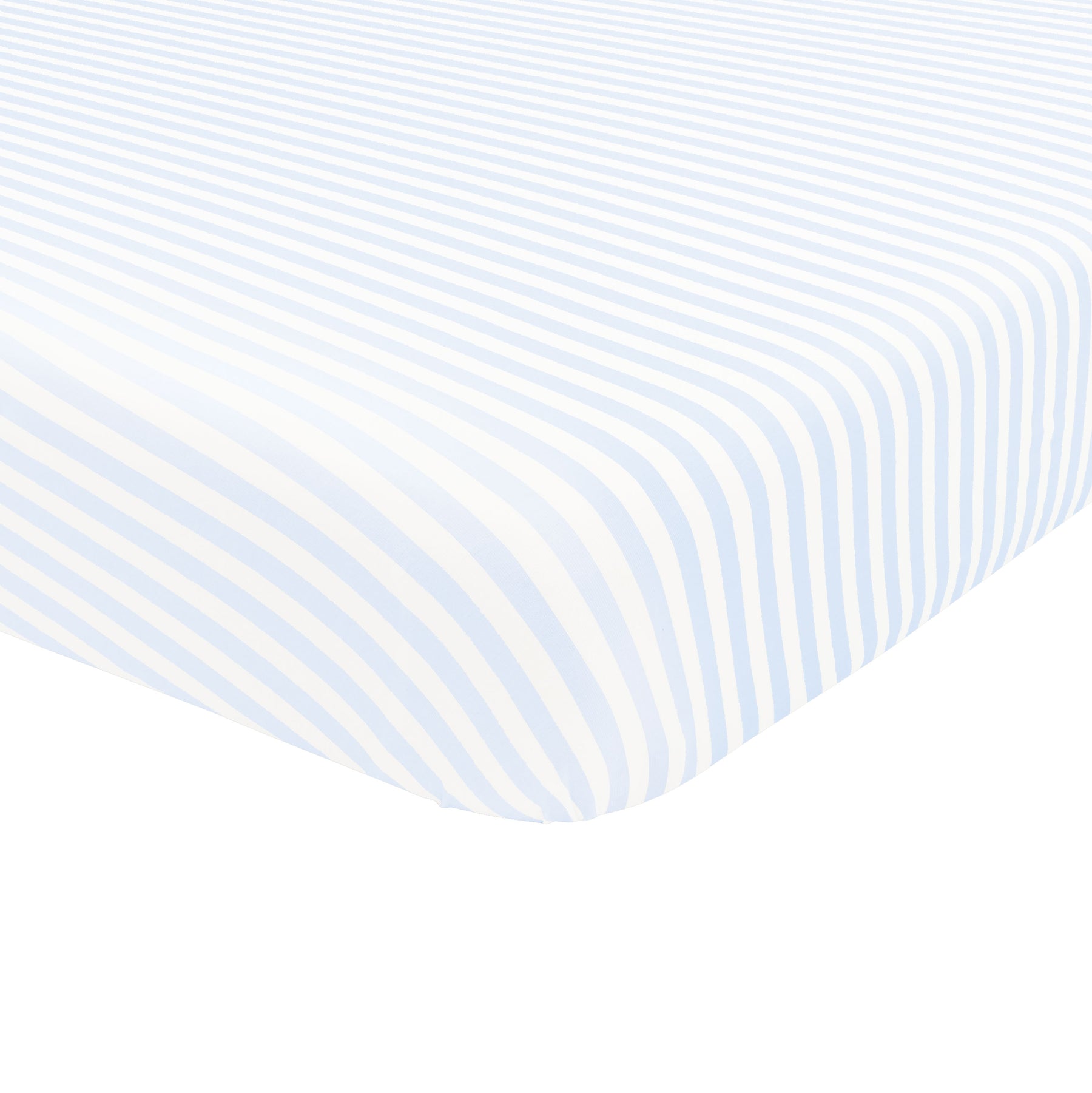 Crib Sheet in Small Mist Stripe corner shown on a mattress