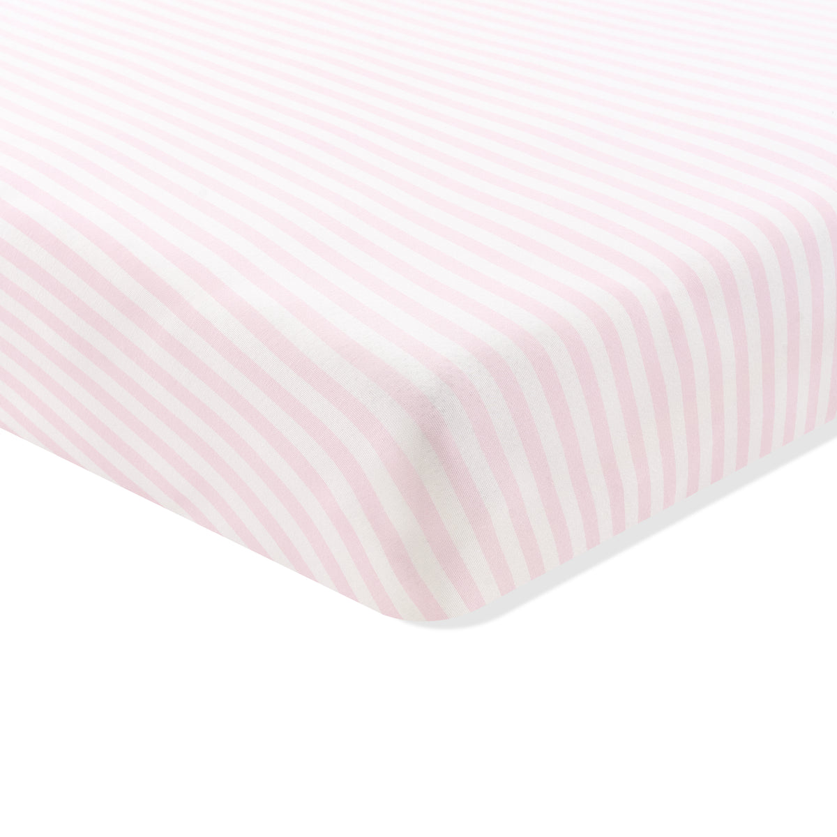 Corner of the Twin Sheet in Small Sakura Stripe shown on a mattress
