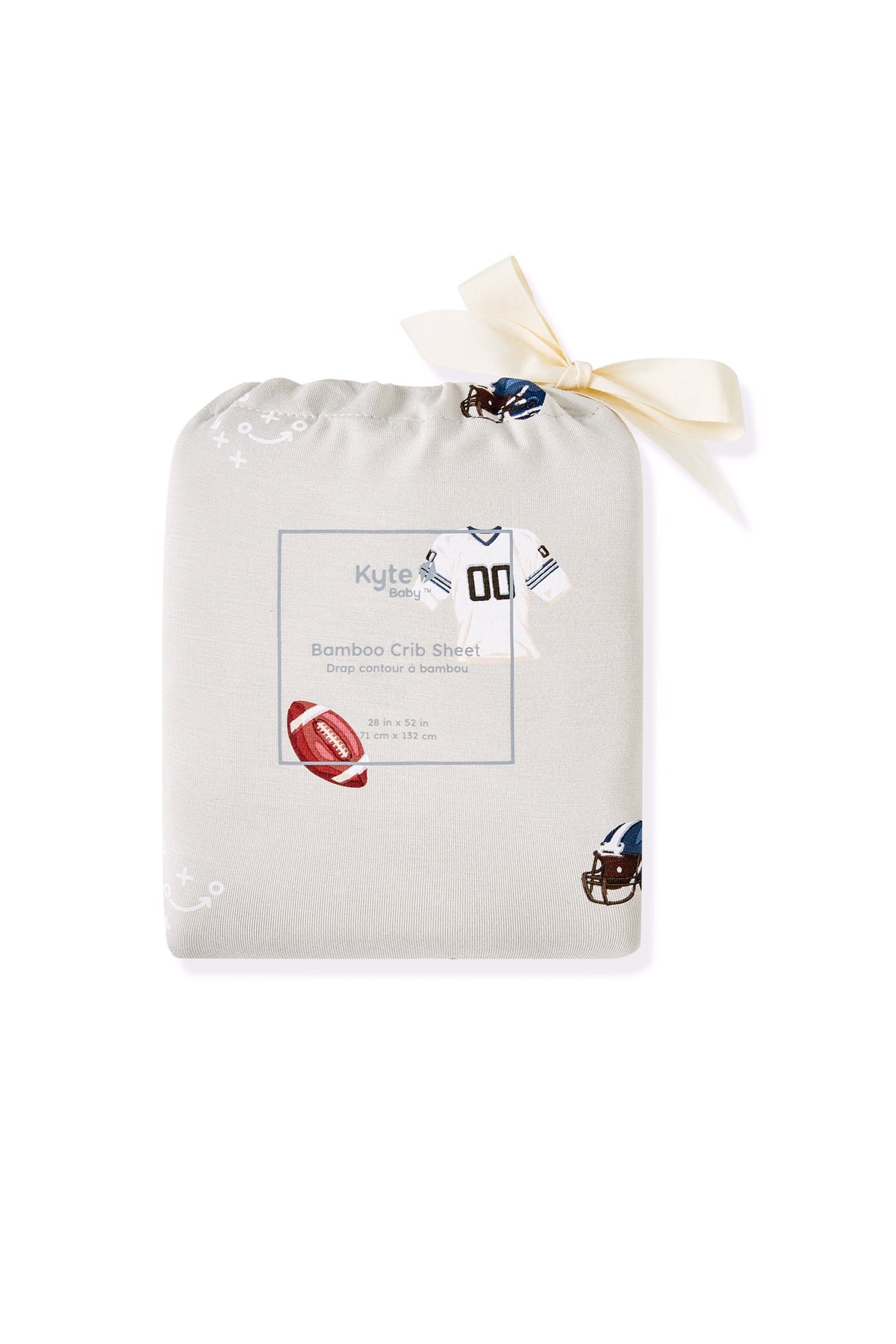 Crib Sheet packed in Vintage Football print bag on a white background
