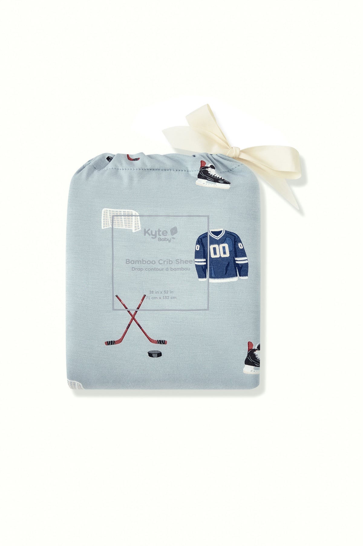 Crib Sheet packed in a bag with Vintage Hockey print on a white background