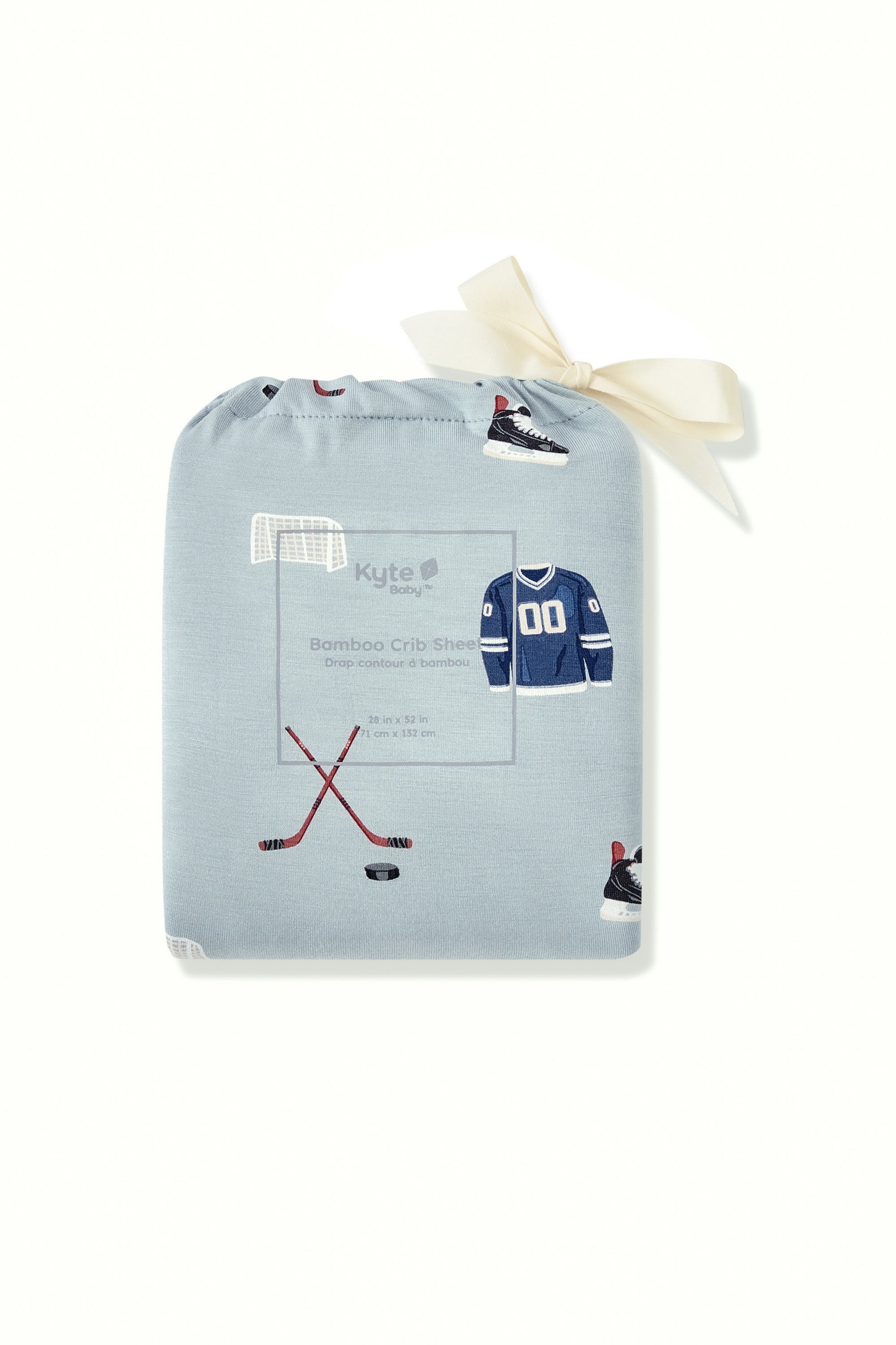 Crib Sheet packed in a bag with Vintage Hockey print on a white background