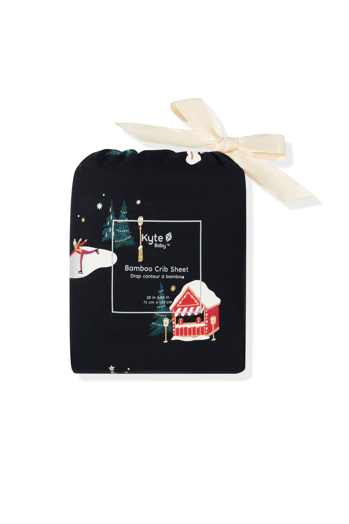 A black bamboo crib sheet with a winter holiday illustration, tied with a cream ribbon, on a white background.