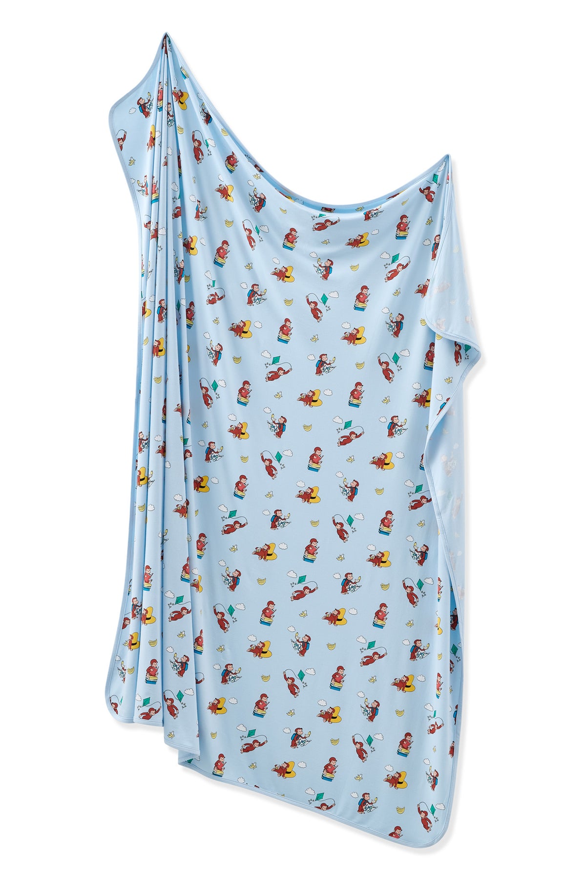 Blue Swaddle Blanket in Curious George print on a white background