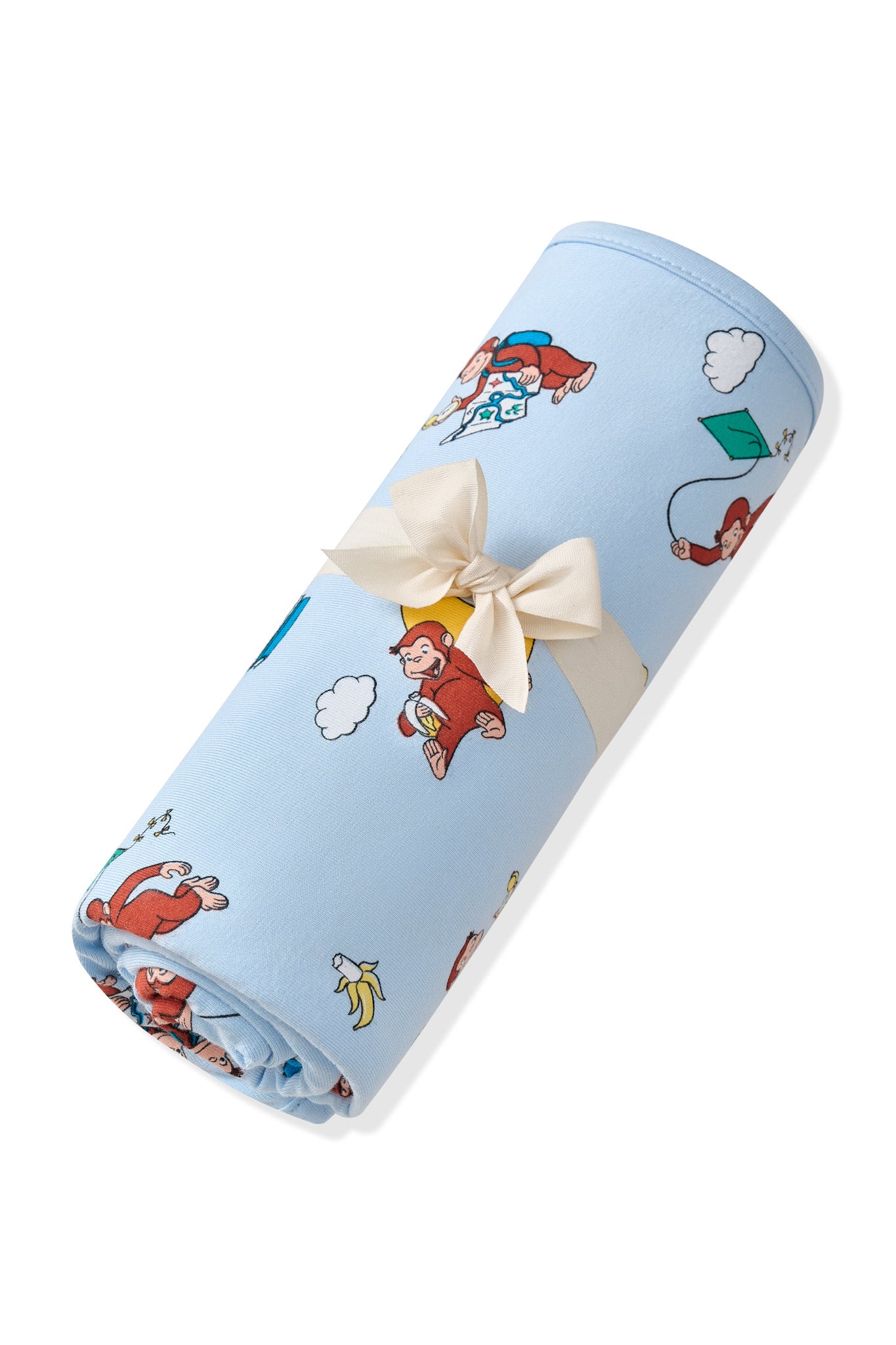Blue Swaddle Blanket in Curious George print rolled in ribbon on a white background