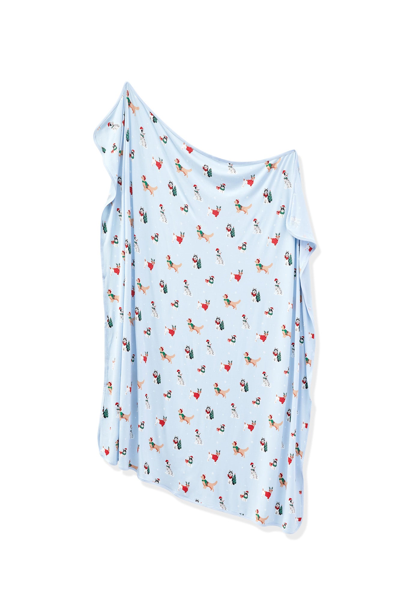 Blue Swaddle Blanket in Holiday Pups print on a white background