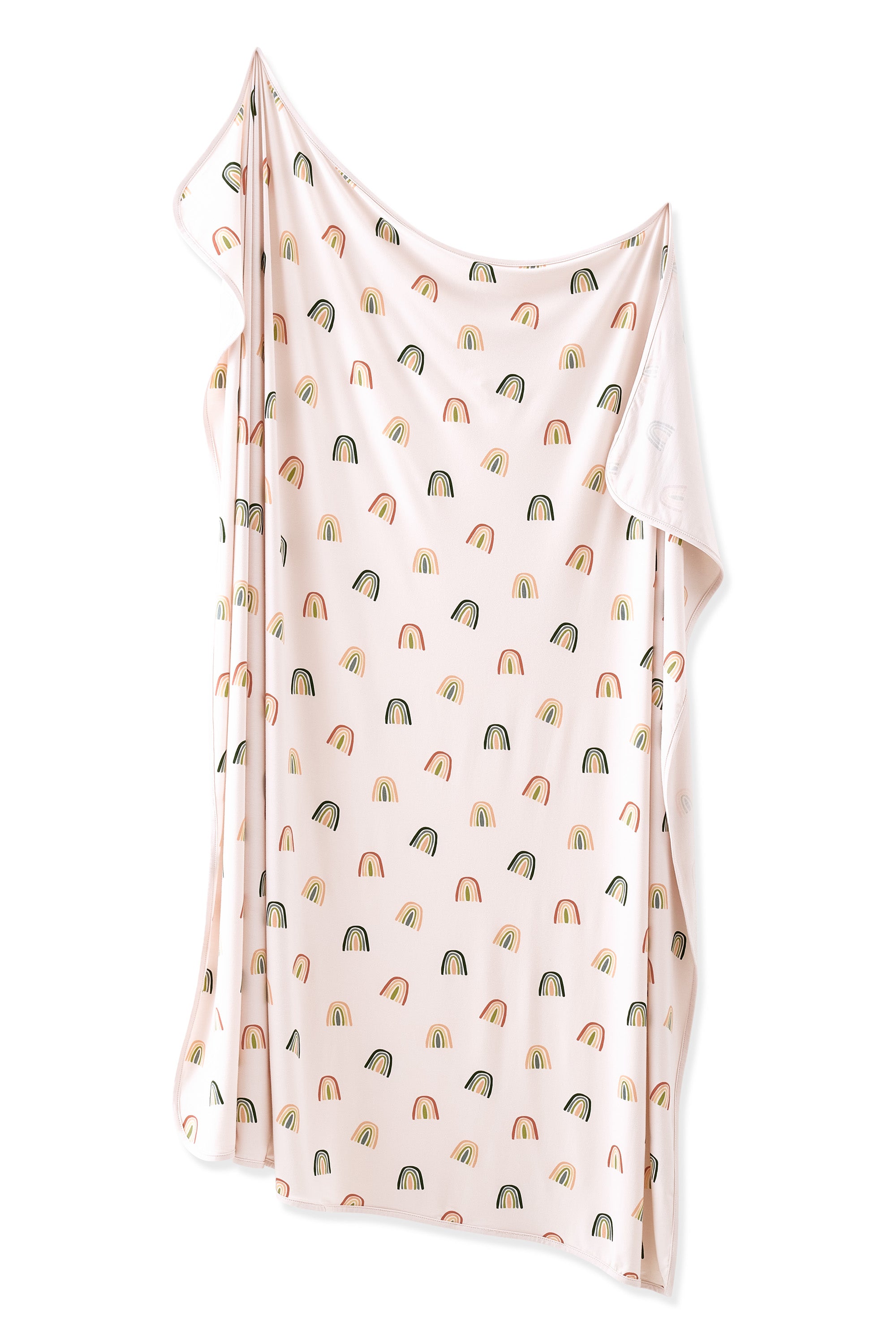 Vanilla cream Swaddle Blanket in Retro Rainbow print on a white background