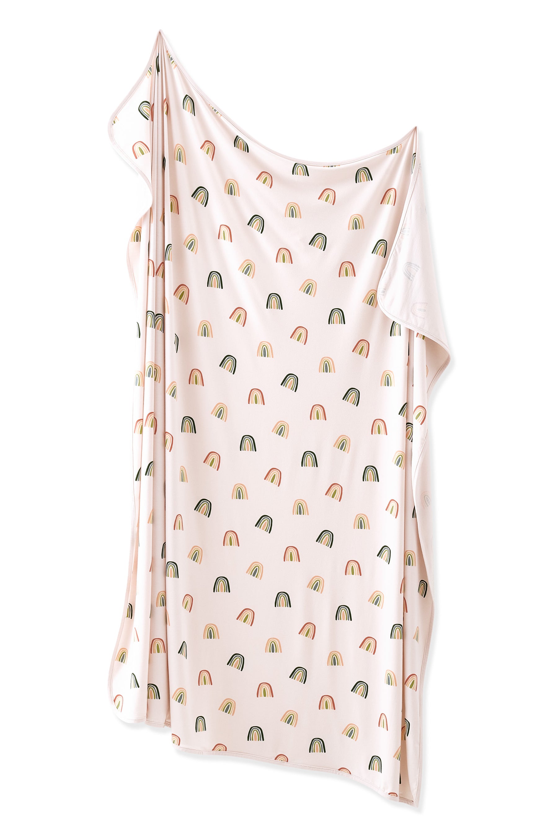 Vanilla cream Swaddle Blanket in Retro Rainbow print on a white background