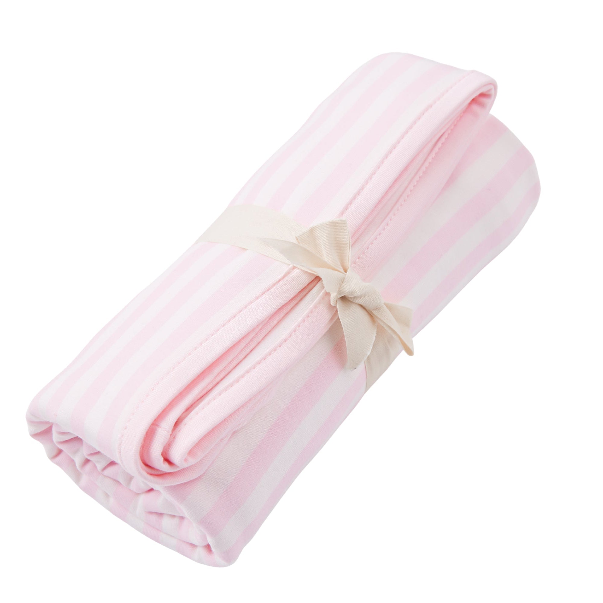 Swaddle Blanket in Small Sakura Stripe shown wrapped in its packaging tied with a linen bow