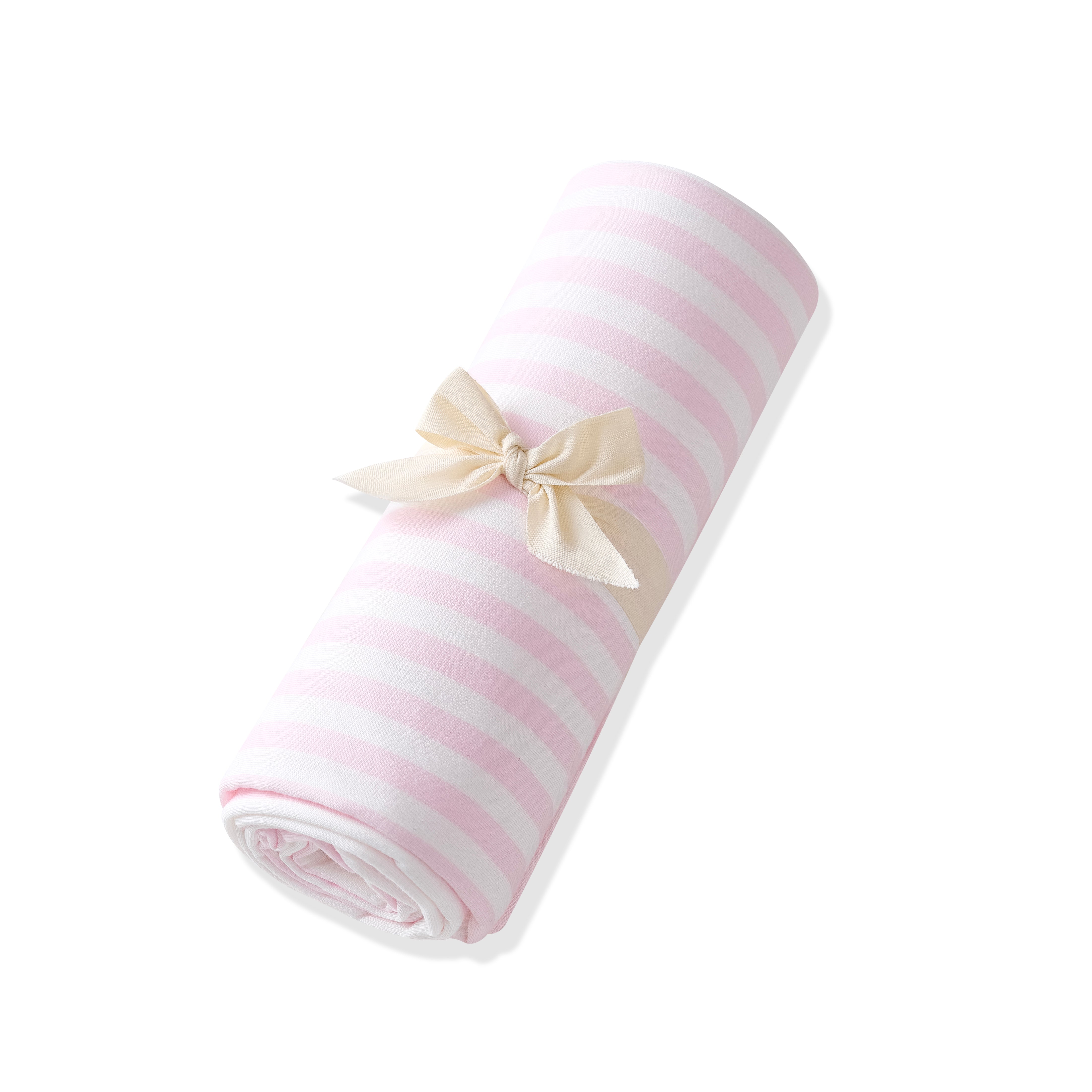 Swaddle Blanket in Small Sakura Stripe shown wrapped in its packaging tied with a linen bow