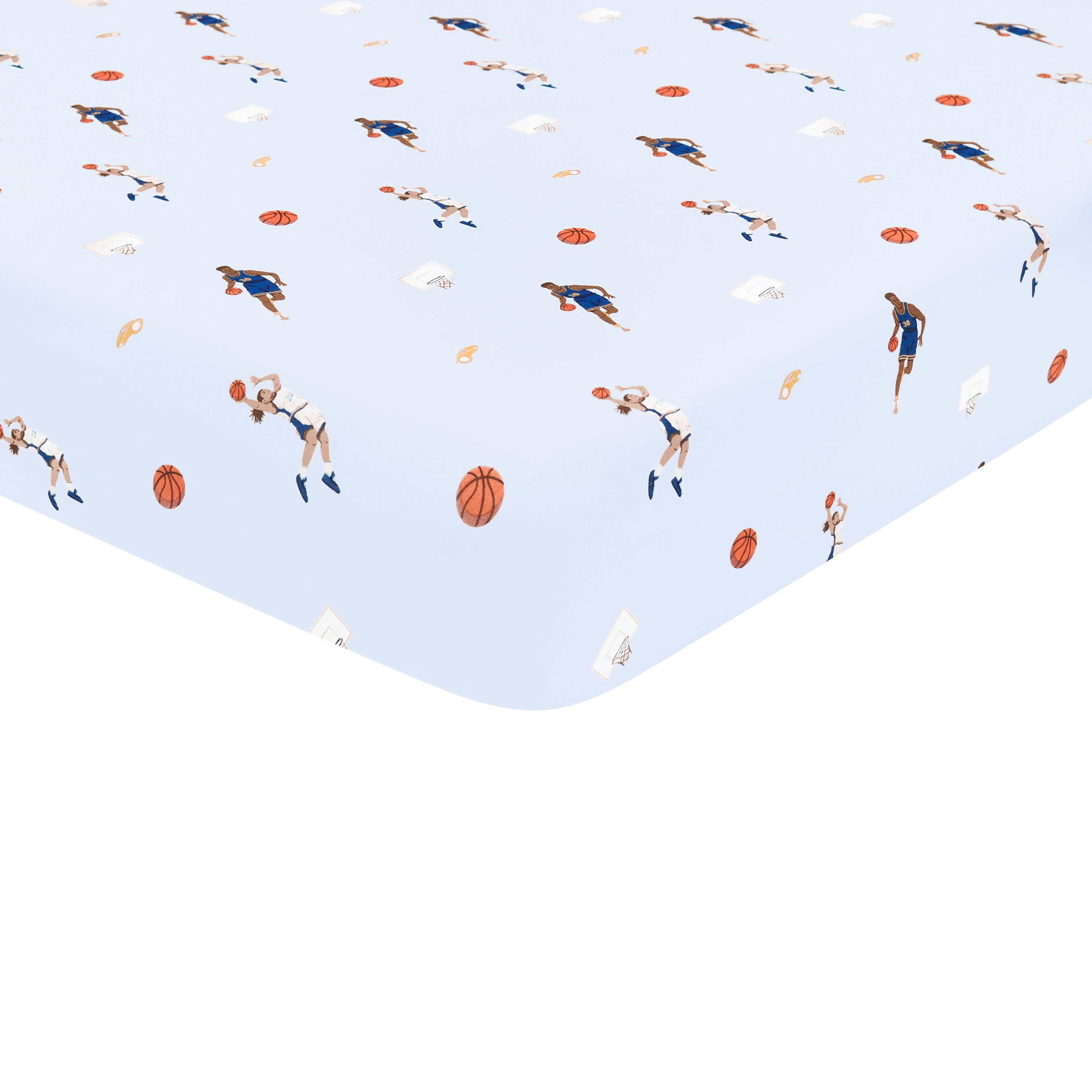 Corner of the Twin Sheet in Basketball shown on a mattress