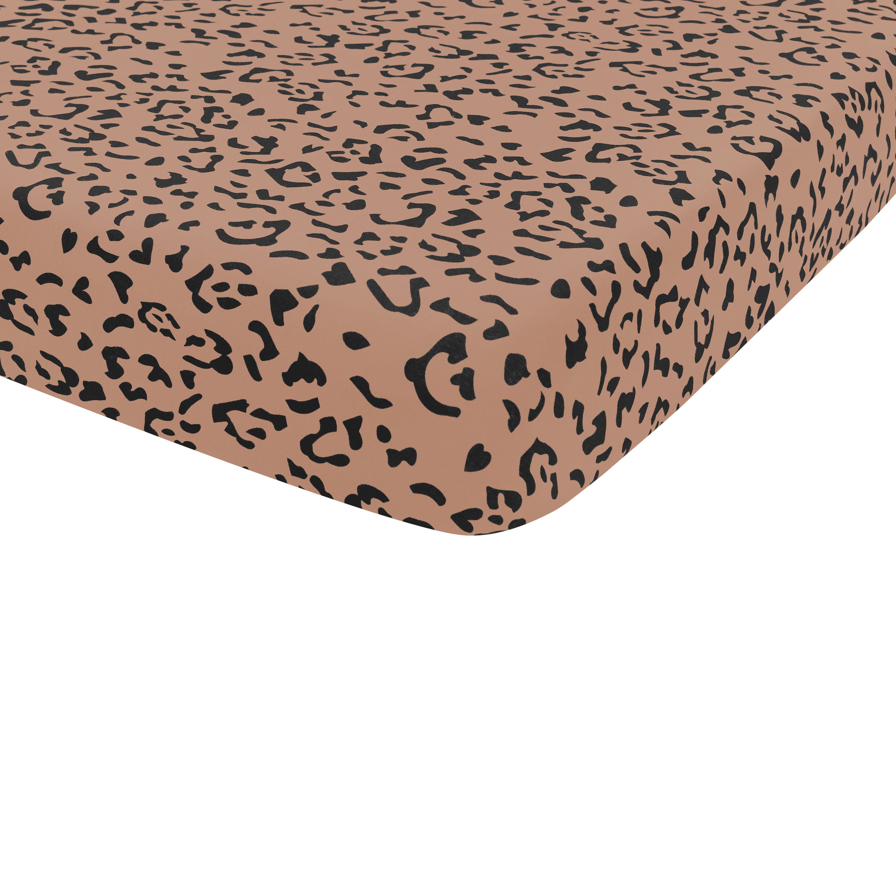 Corner of the Twin Sheet in Latte Leopard shown on a crib mattress