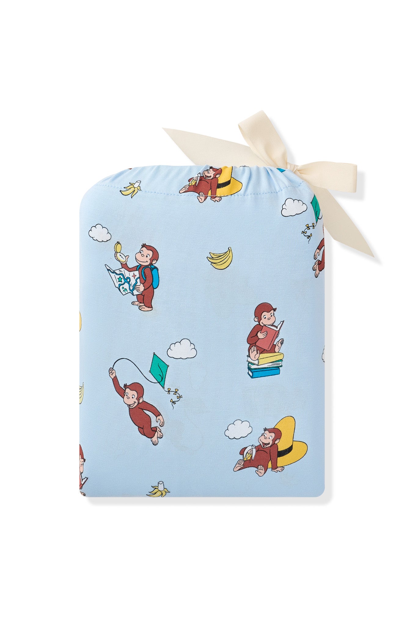 Twin sheet packed in a Blue Bag with Curious George print it on a white background