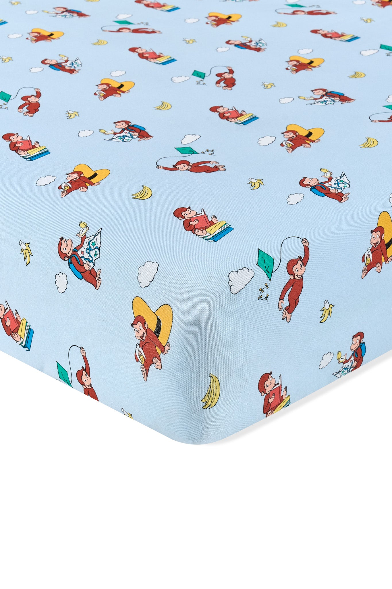 Blue Twin Sheet in Curious George print on a white background