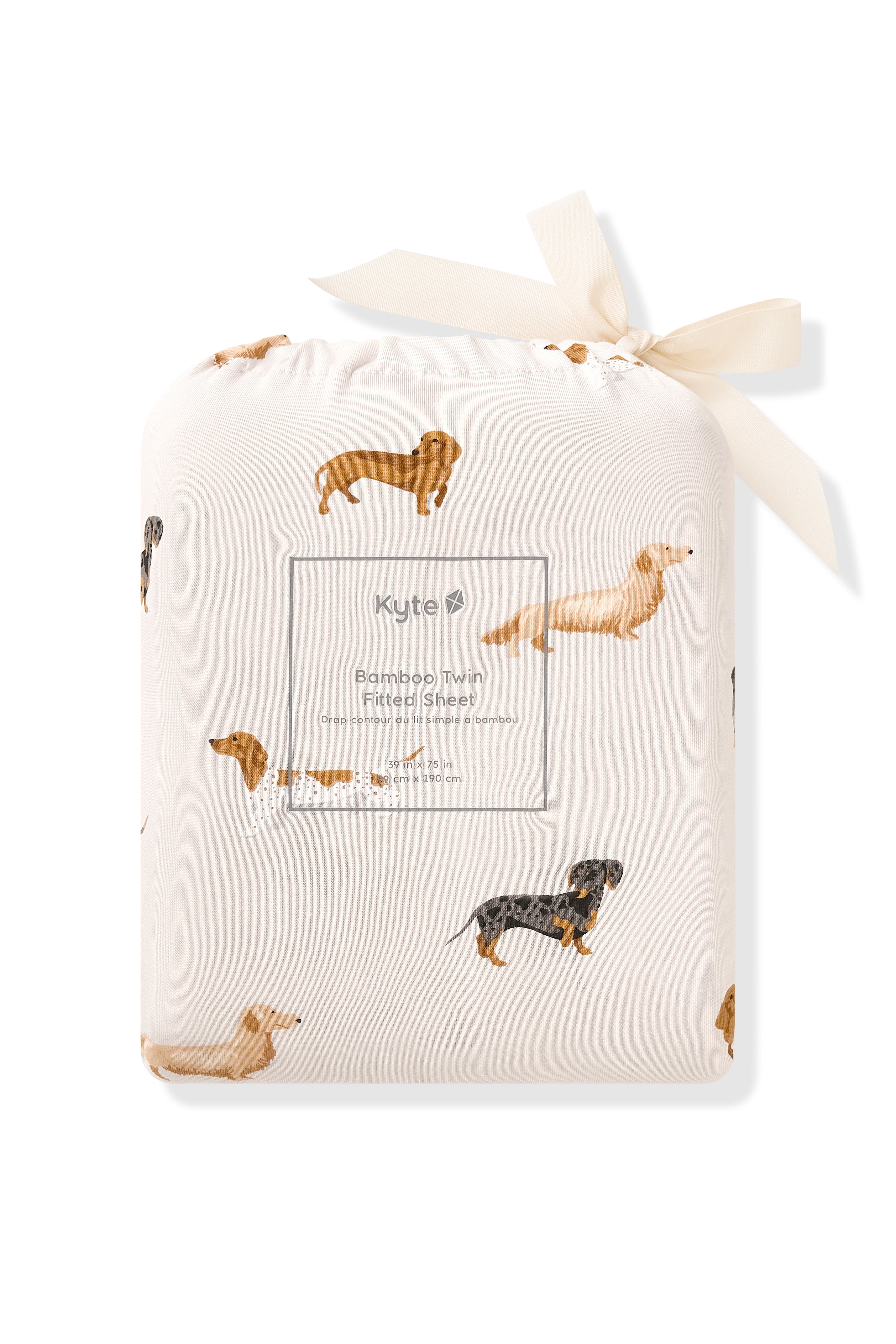 Twin Sheet packed in a Beige bag with Dachshund print on a white background