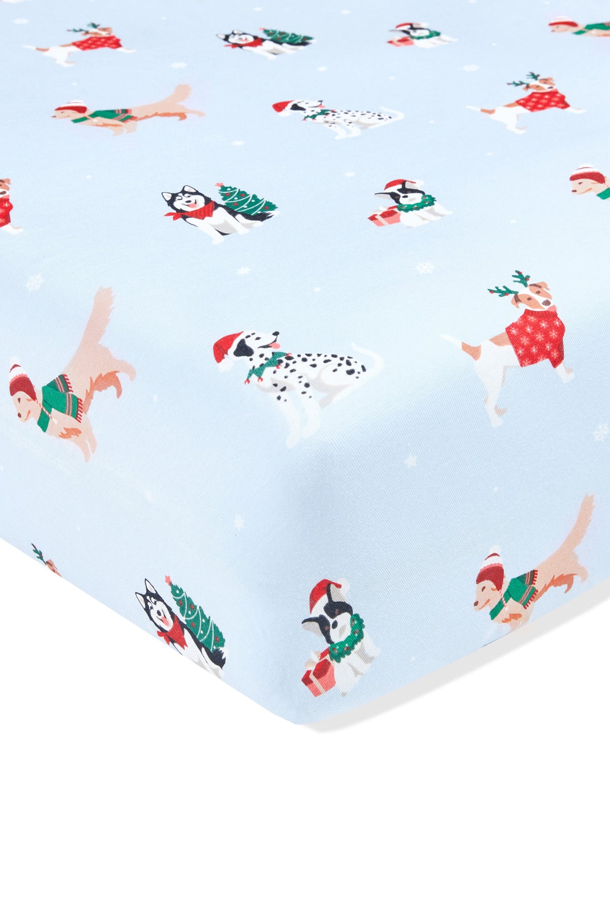 Blue Twin Sheet in Holiday Pups print on a white background