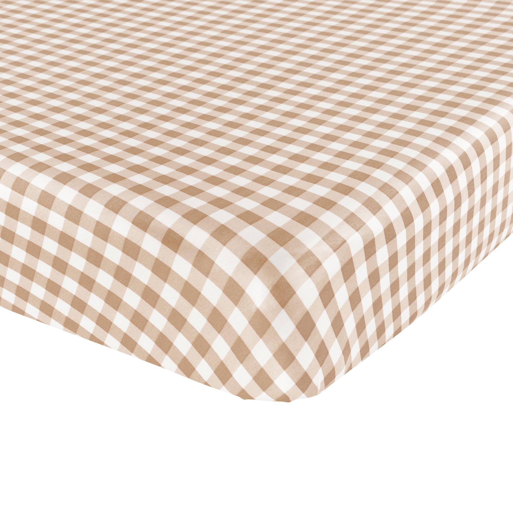 Corner of the Twin Sheet in Gingham Bisque shown on a mattress