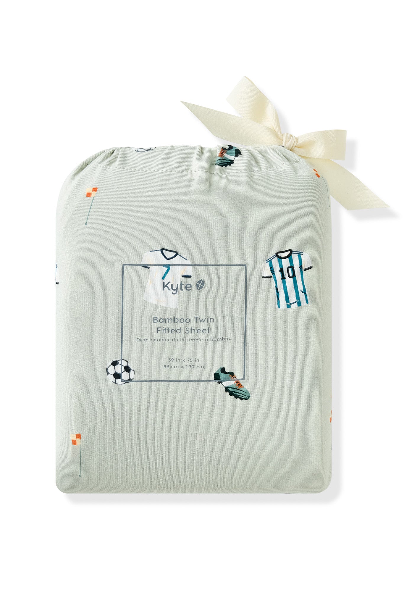 Twin Sheet packed in a soccer print bag on white background