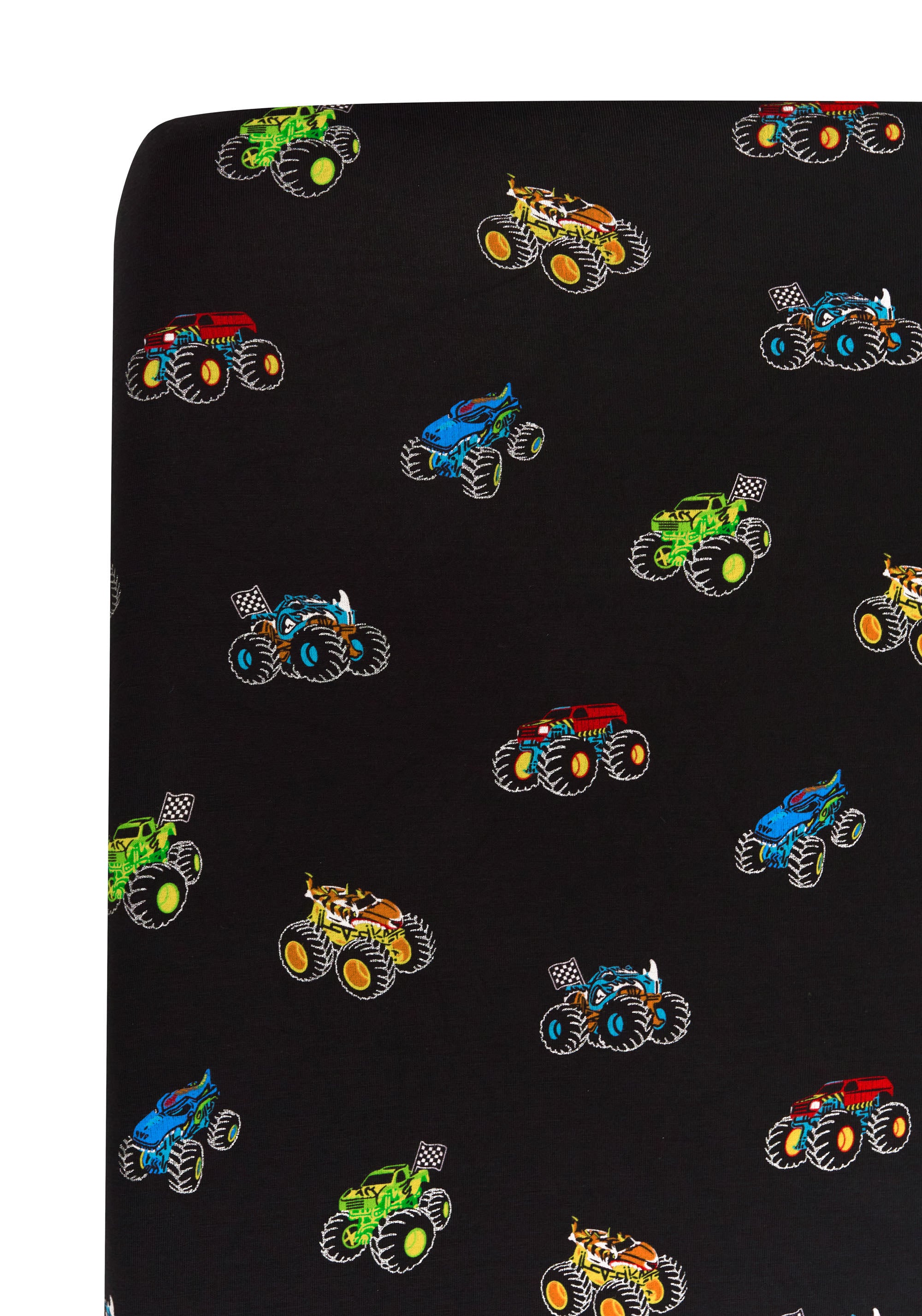 Close up of Twin Sheet with colorful Monster Truck print on white background