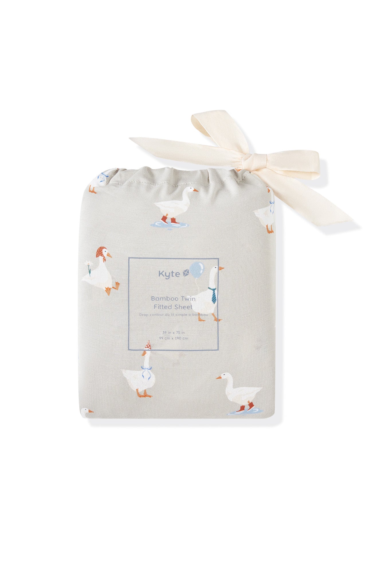 Twin Sheet packed in a bag with Oat Silly Goose print on a white background