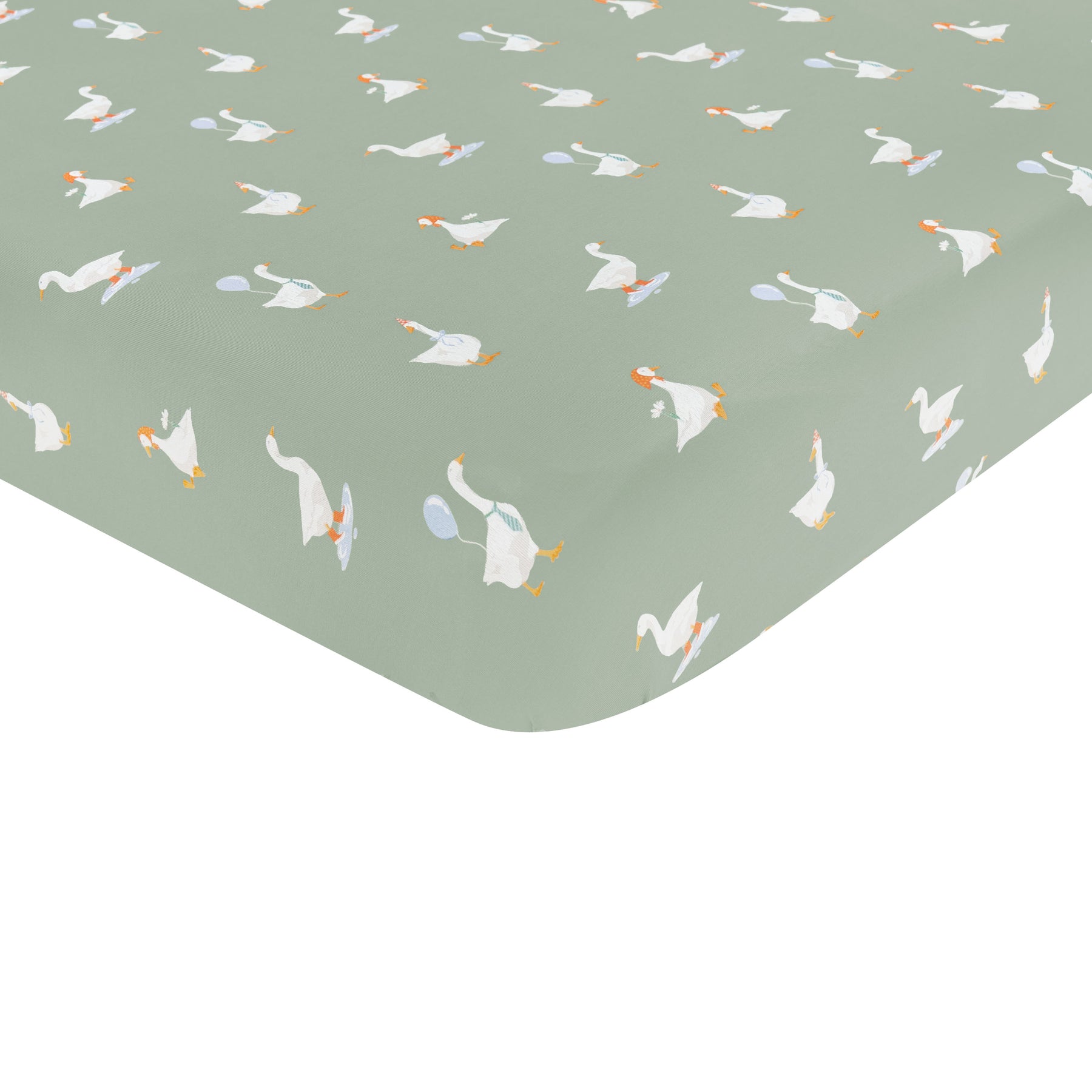 The corner of the Twin Sheet in Silly Goose shown on a twin mattress
