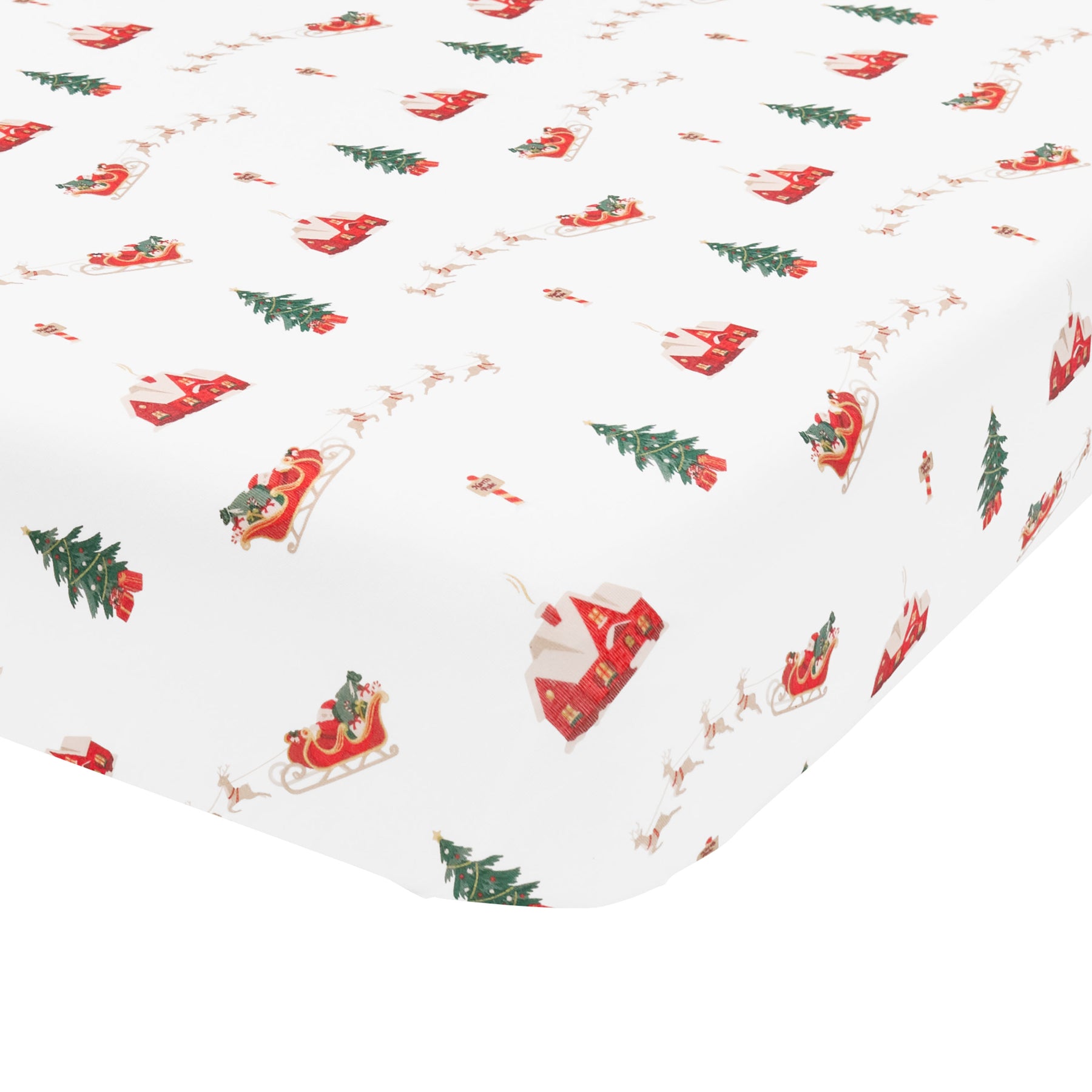 Corner of the Twin Sheet in Santa Sleigh on a mattress