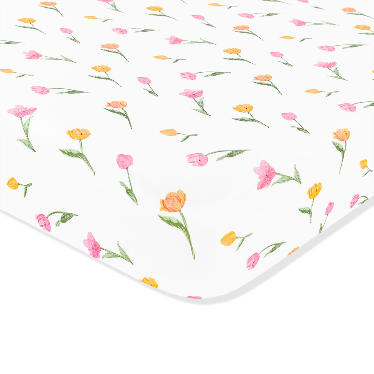 Corner of the Twin Sheet in Tulip shown on a mattress