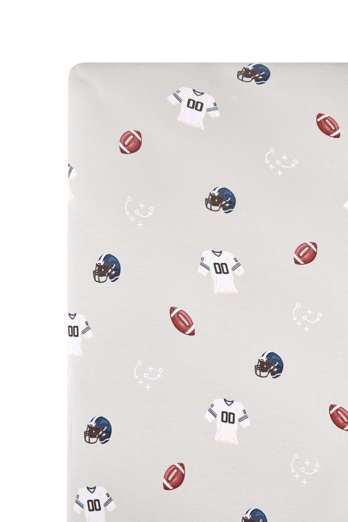 Close up of Twin Sheet in Vintage Football print on a white background