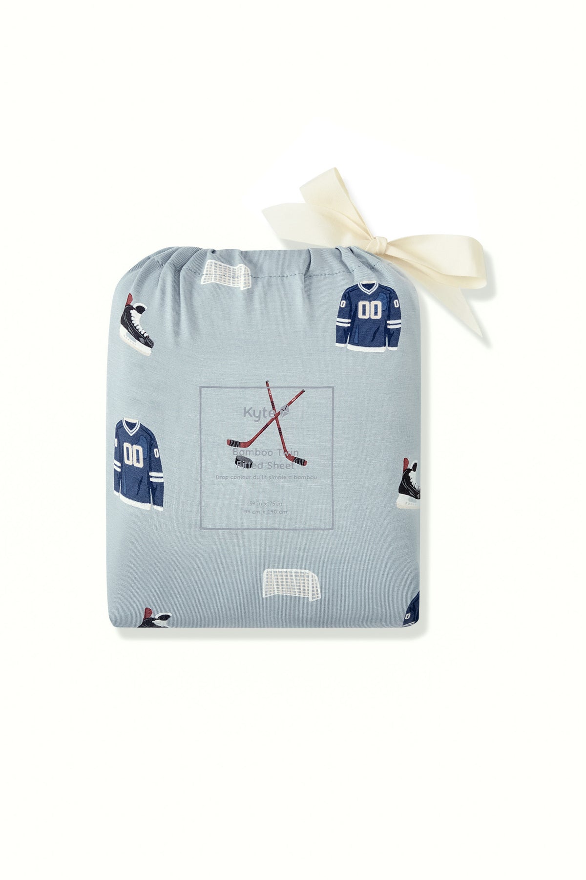 Twin Sheet packed in a Vintage Hockey print bag on a white background