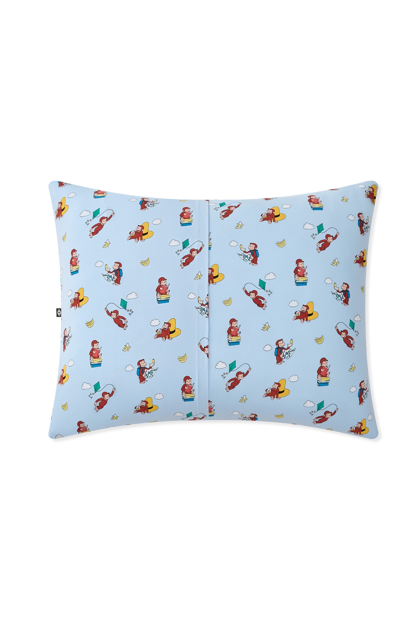Back side of Blue Standard Pillowcase in Curious George print on a white background