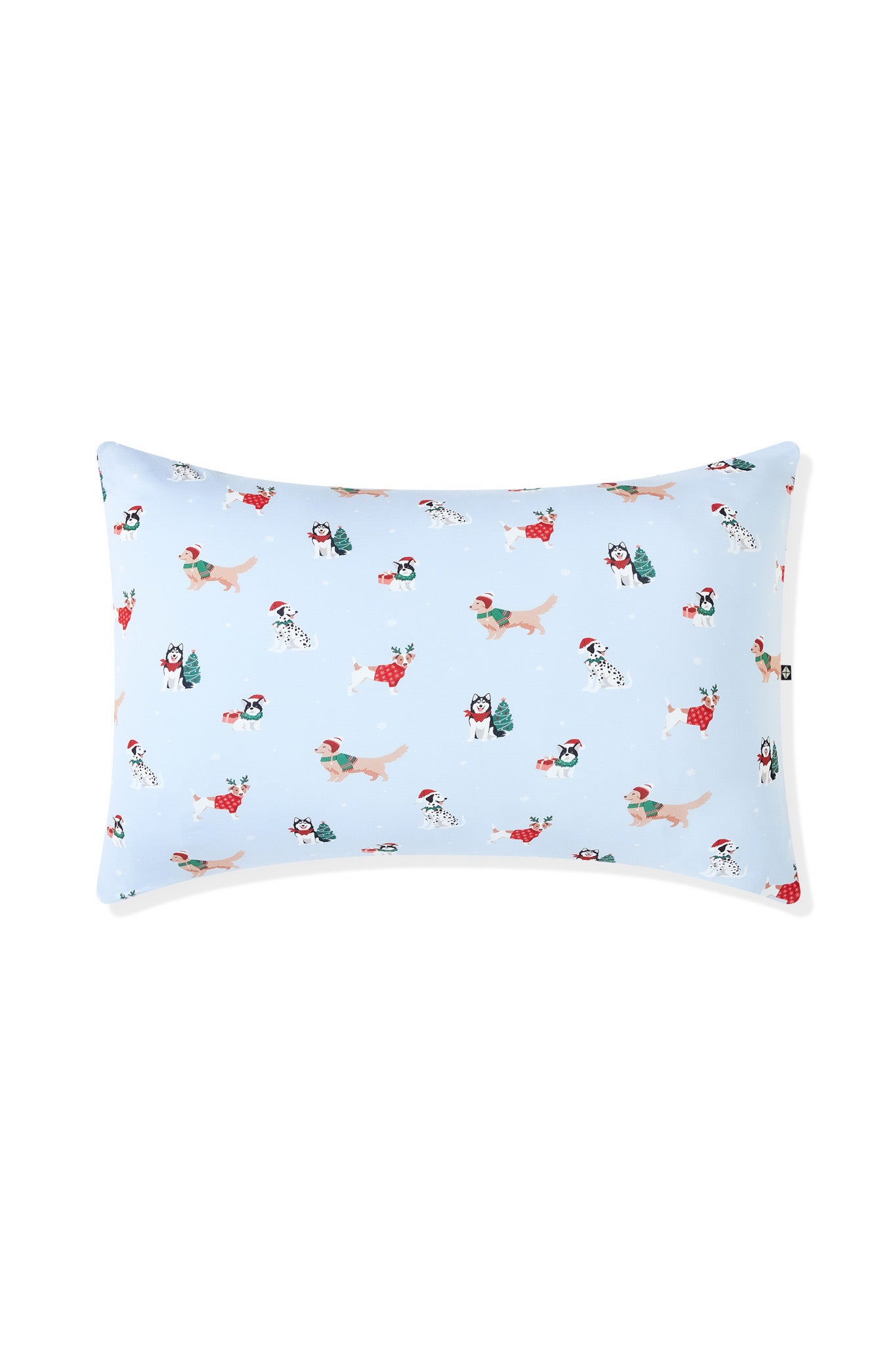 Blue Standard Pillowcase in Holiday Pups print on a white background