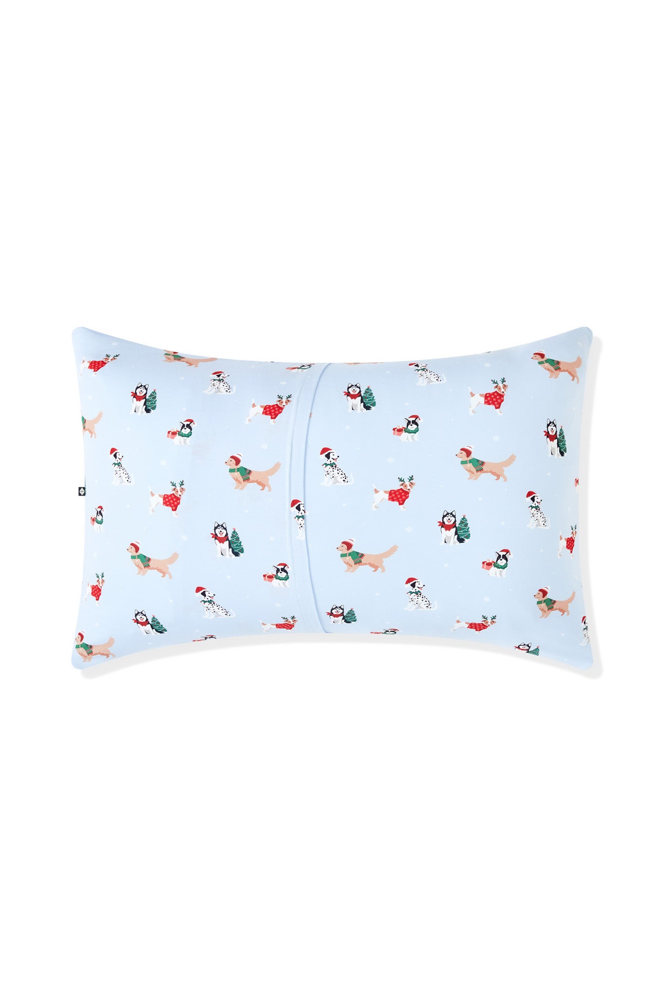 Back side of Blue Standard Pillowcase in Holiday Pups print on a white background