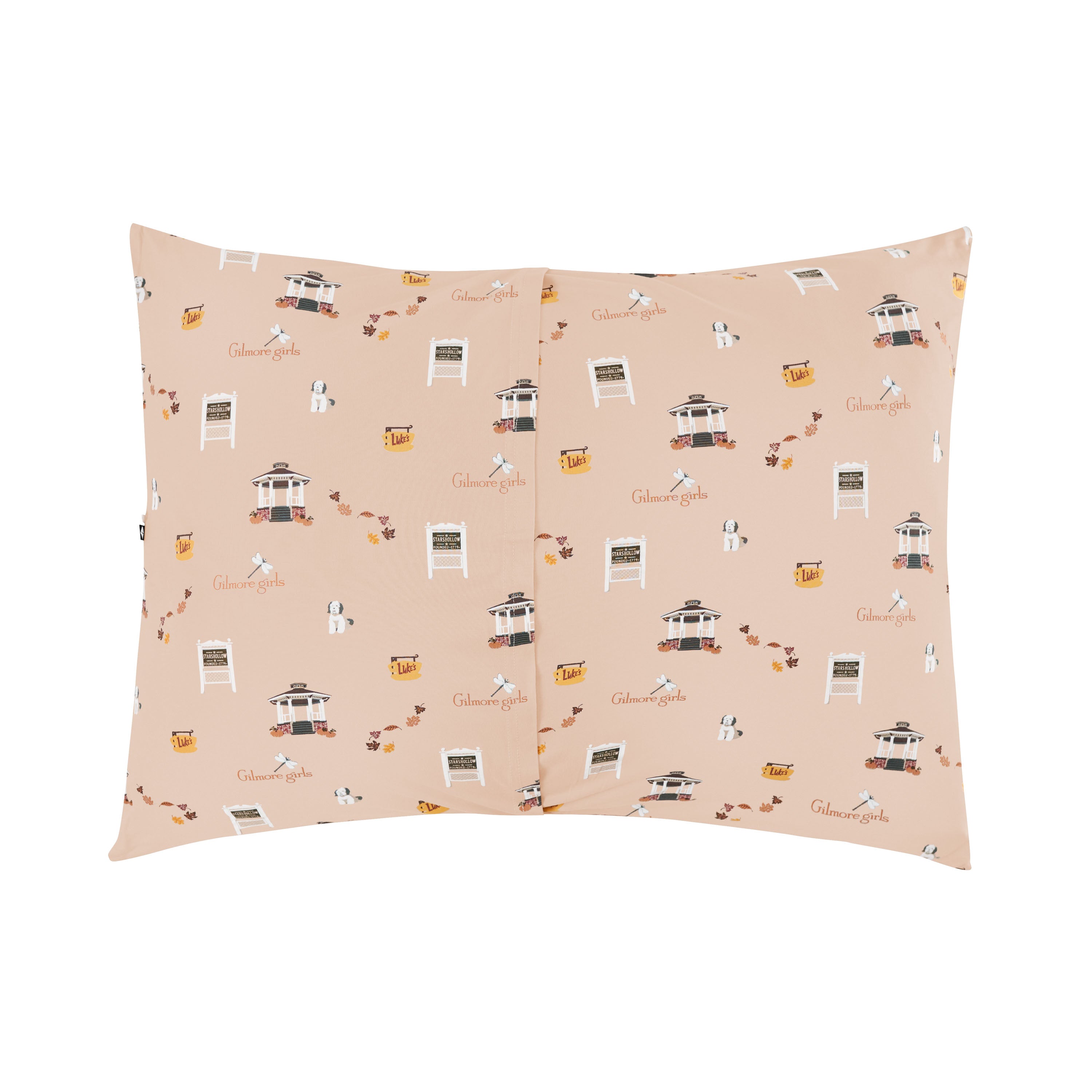 Pillowcase with envelope style closure with a Gilmore Girls design on a light beige background