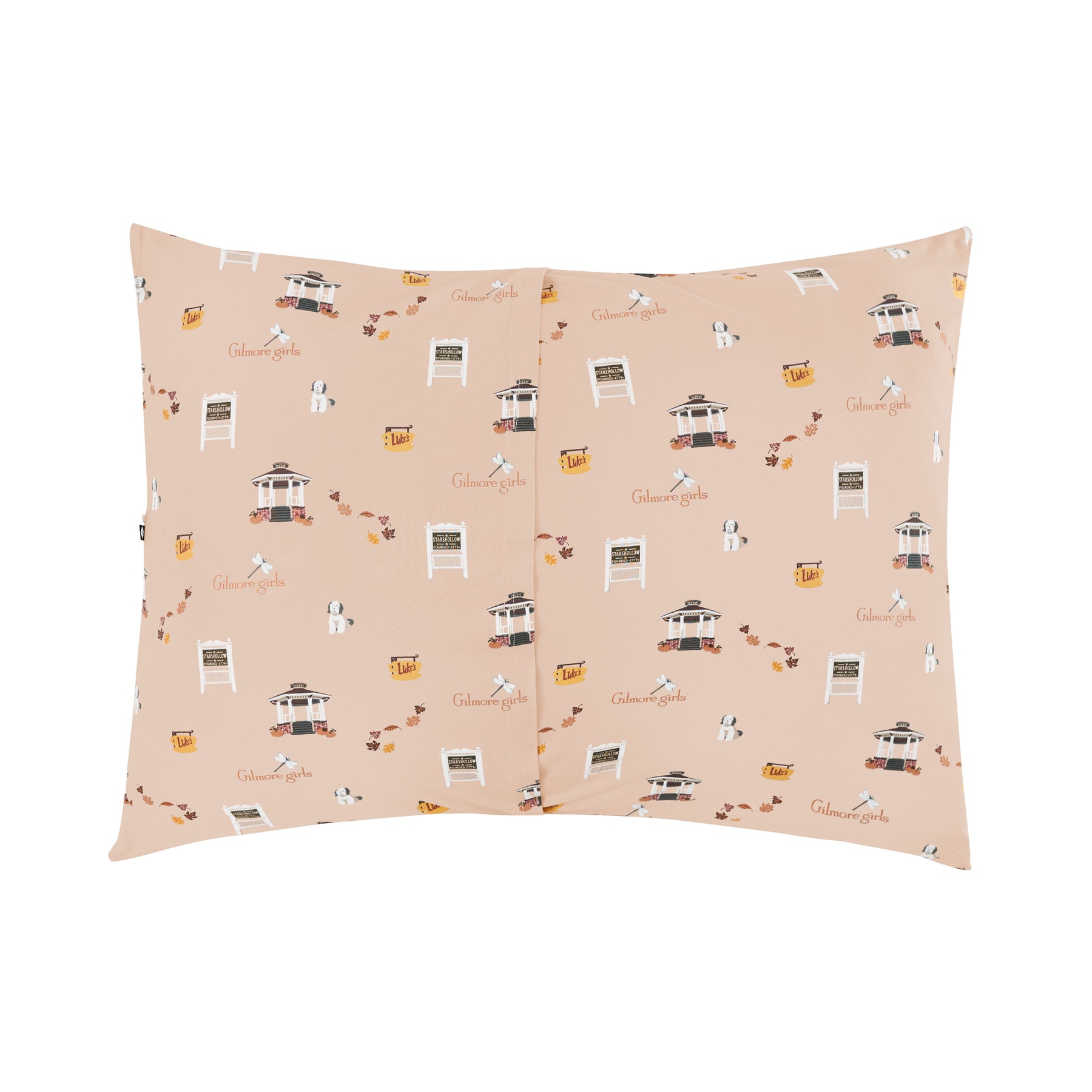 Pillowcase with envelope style closure with a Gilmore Girls design on a light beige background