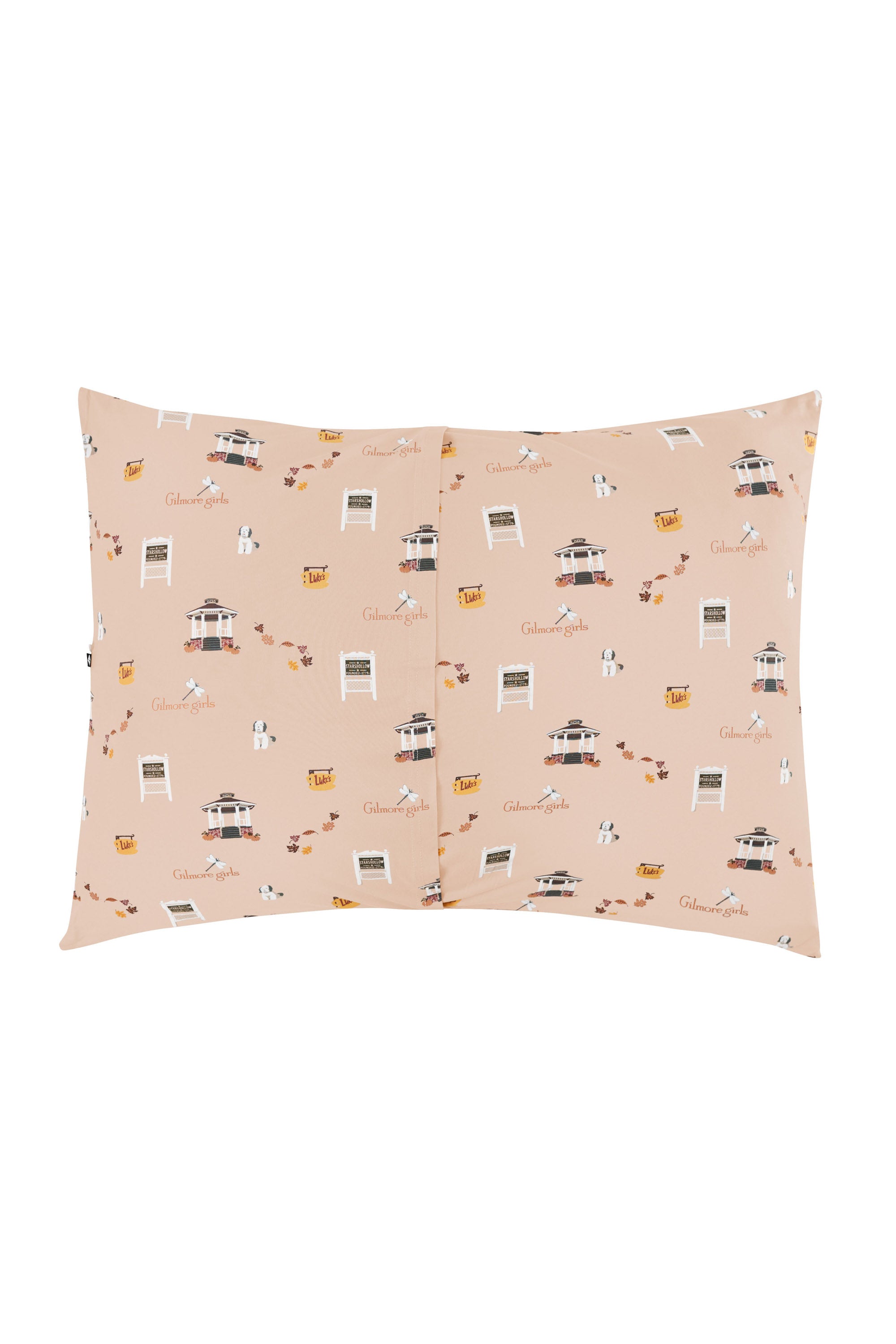 Pillowcase with envelope style closure with a Gilmore Girls design on a light beige background