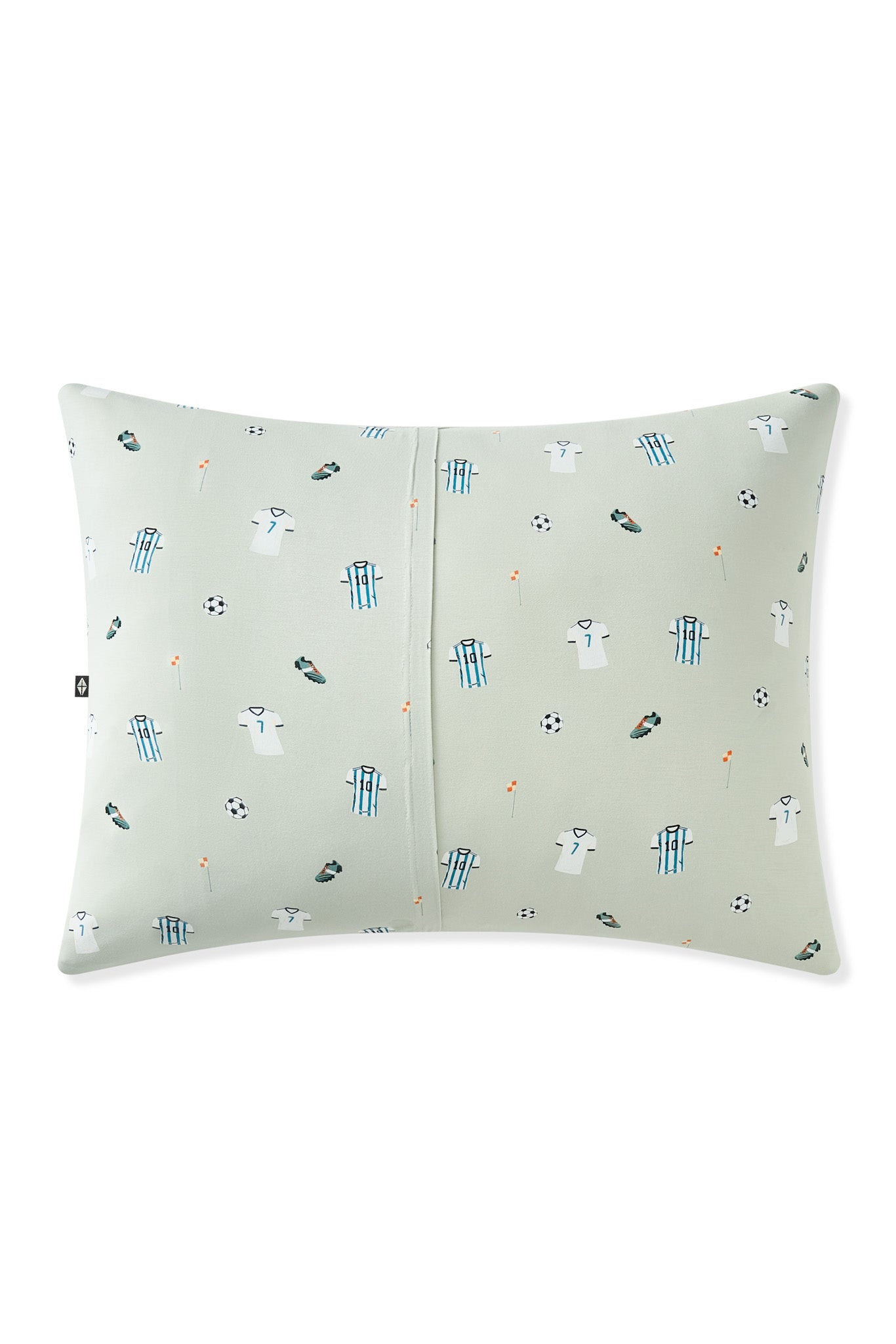 Back side of Standard Pillowcase in Soccer print on white background