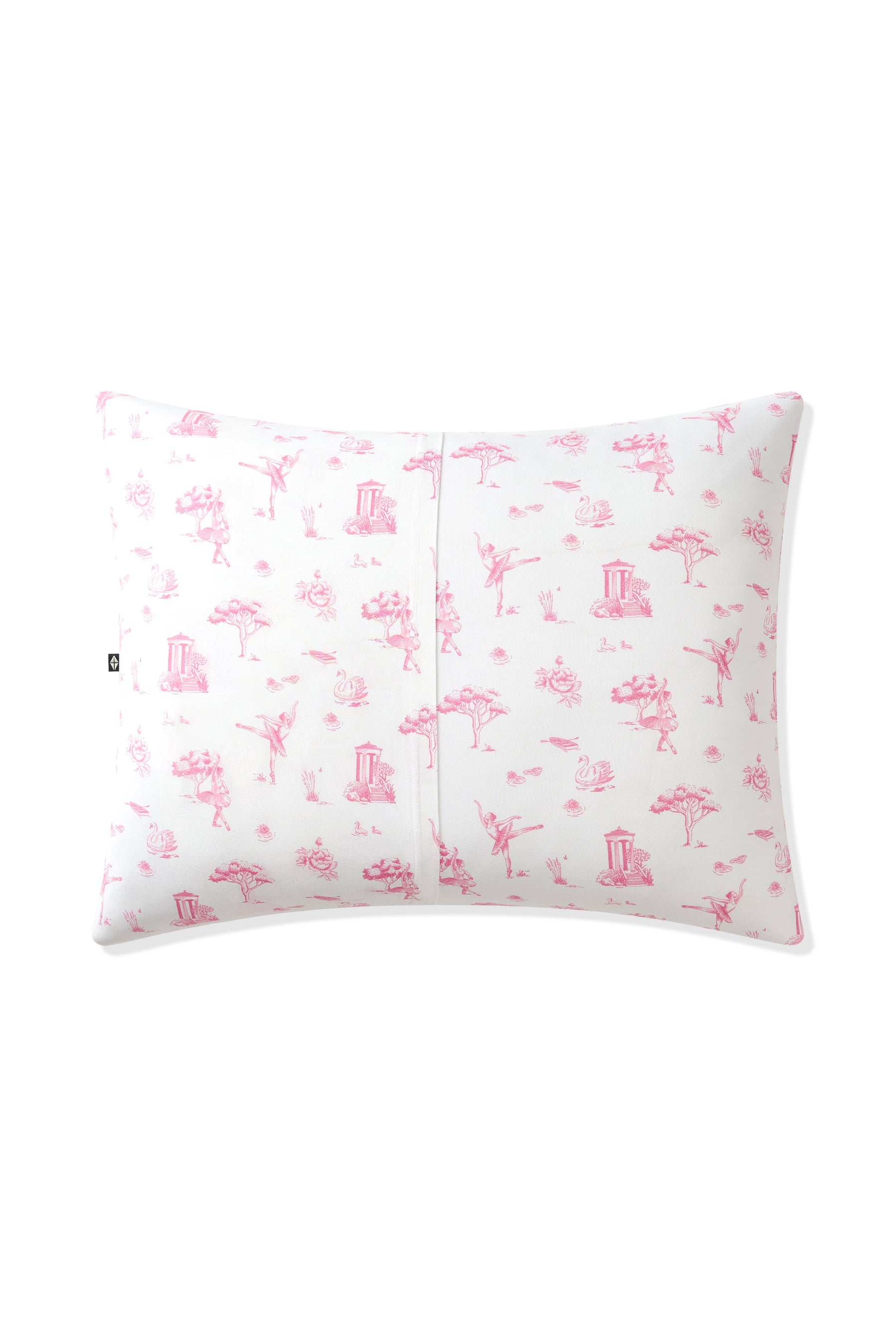 The back of the Toddler Pillowcase in Toile Ballet showing the envelope closure on a pillow