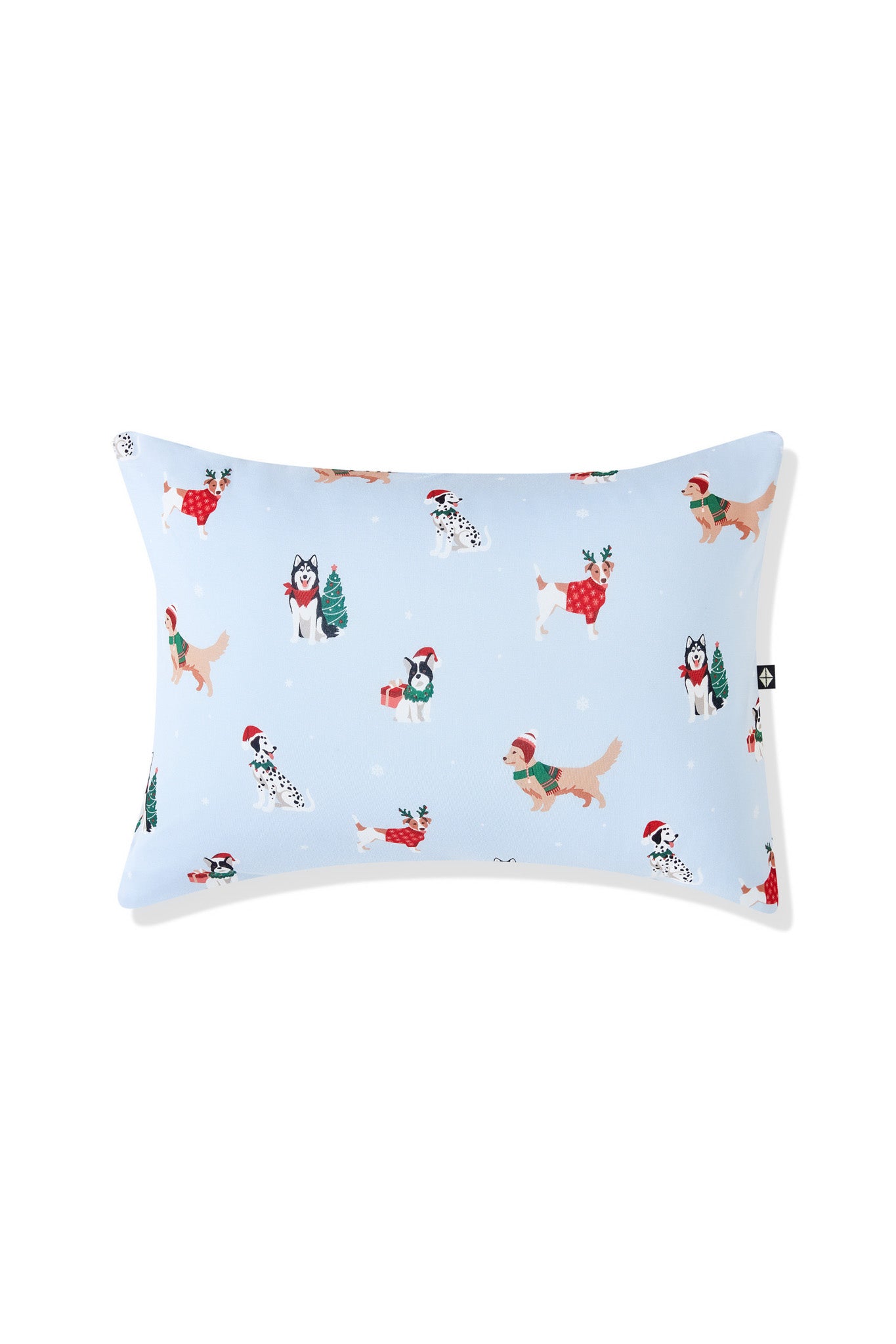 Blue Toddler Pillowcase in Holiday Pups print on a white background